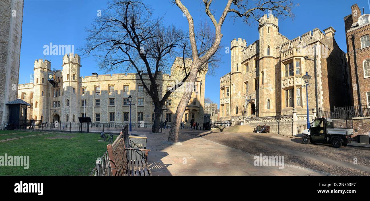Tower of London, 2023.  Panoramic view of the grounds inside the Tower. A place of great historic interest and popular with tourists, there are severa Stock Photo