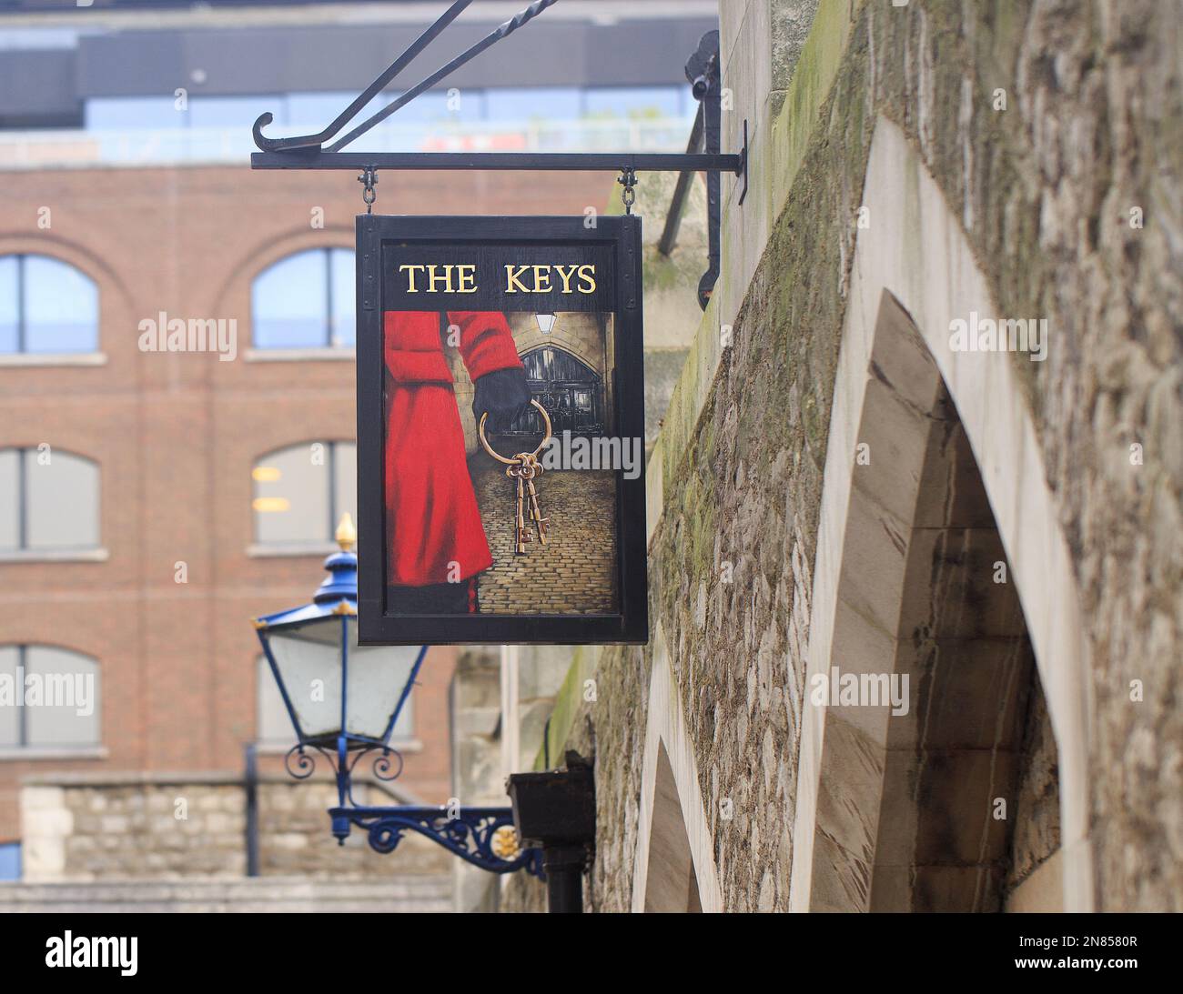 The Keys Public House, Tower of London The sign hangs outside the private pub within the Tower, it is for the use of Yeoman of the Guards and guests Stock Photo