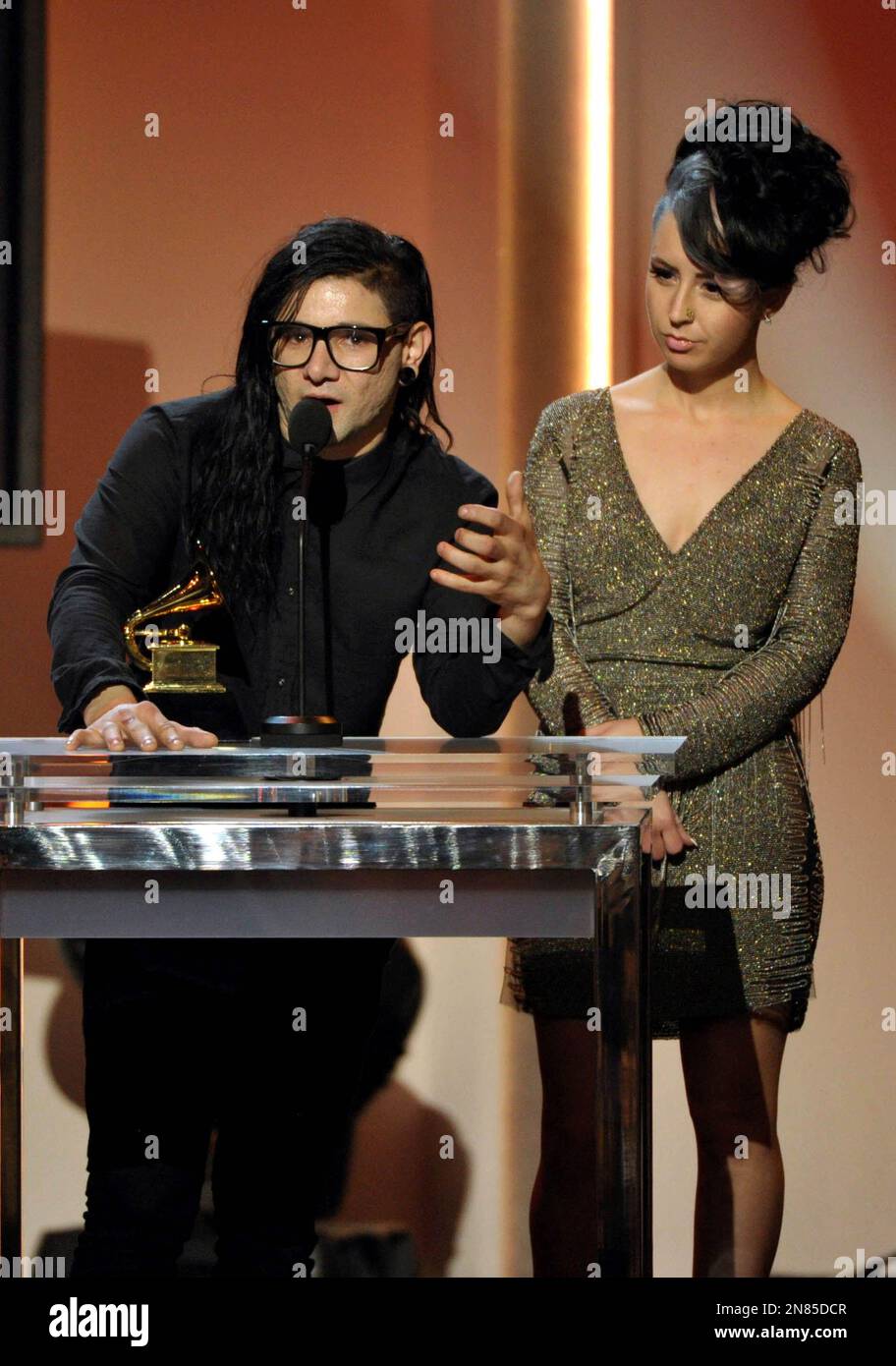 Skrillex, left, and Sirah accept the award for best dance recording for ...