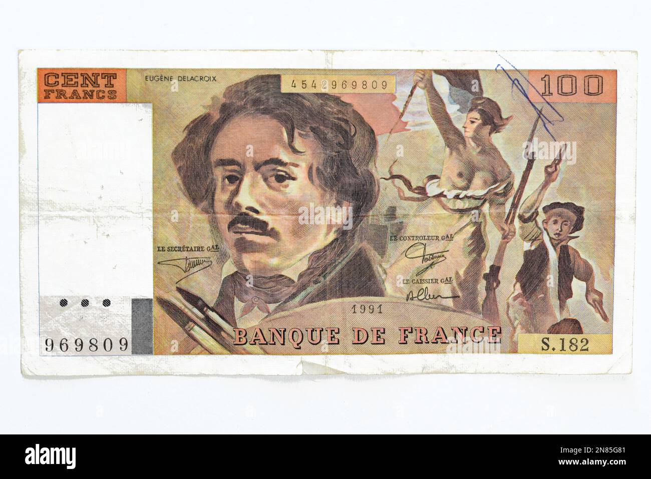 Den Helder, Netherlands. February 2023. An old bank bill of 100 French francs. High quality