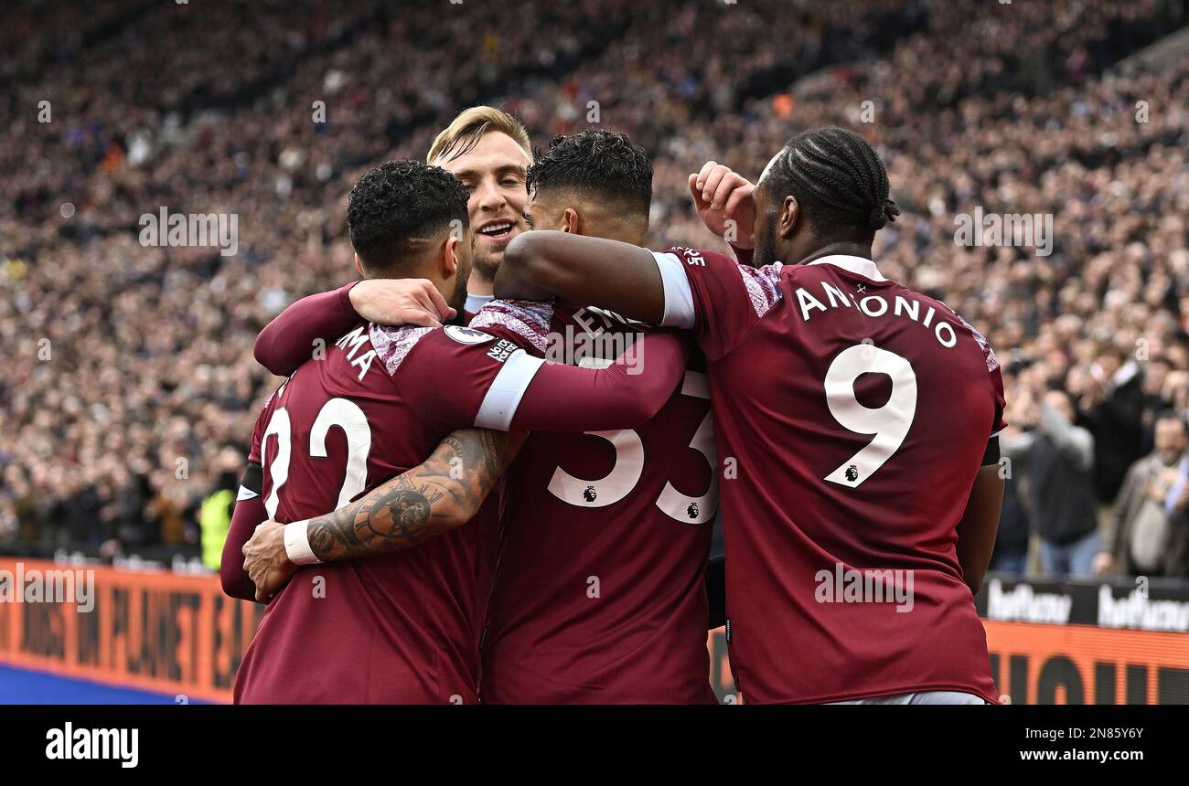 London, UK. 11th Feb, 2023. GOAL. The West Ham players celebrate their ...