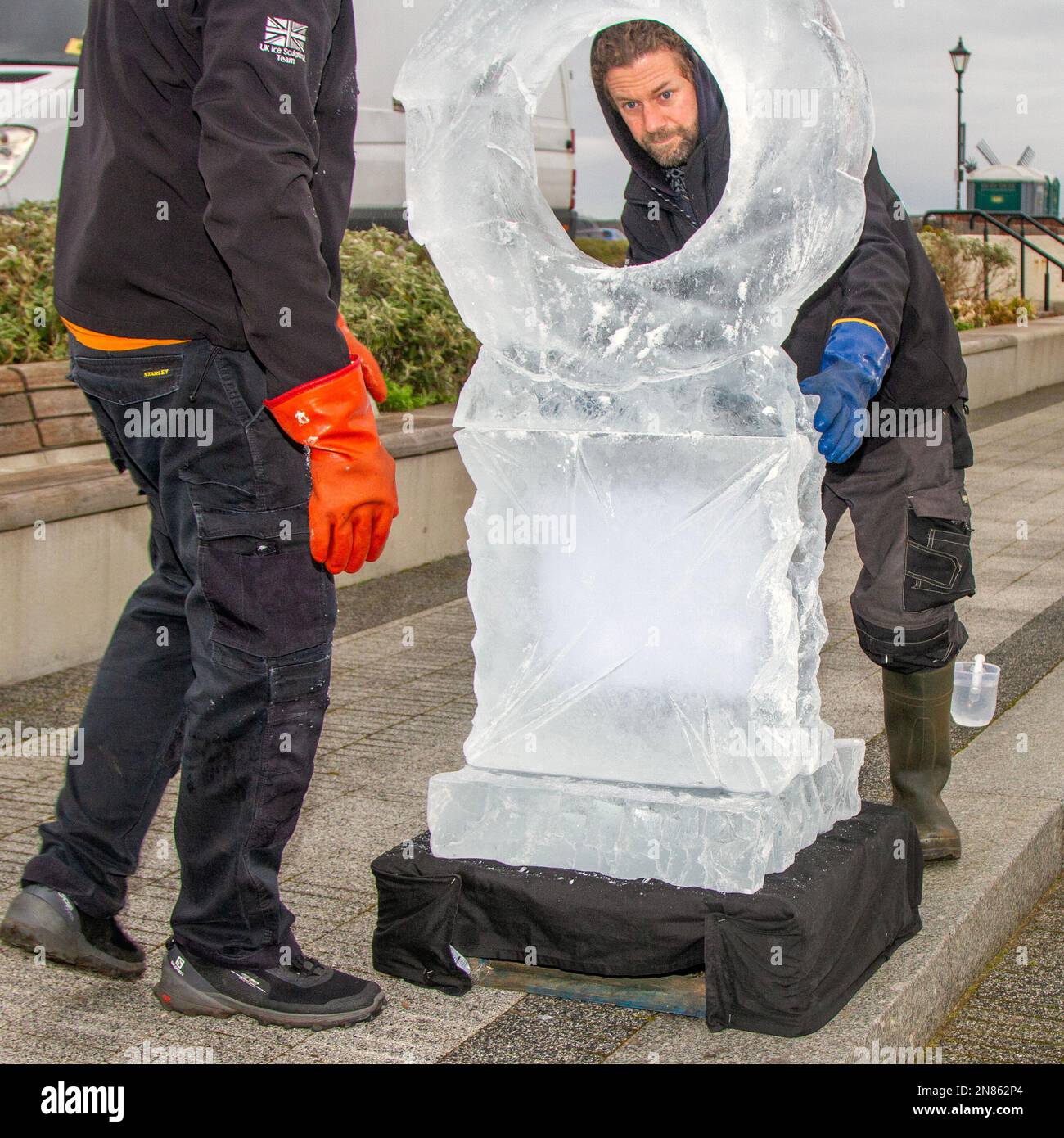 Lytham St. Annes, Lancashire. 11 Feb 2023 Ice sculpting festival. Marvellous ice sculptures at Lytham's lost concrete mussel tanks, Glacial Art Ice Sculptures carve animals, characters and mystical creatures & designs out of huge blocks of ice. Stock Photo
