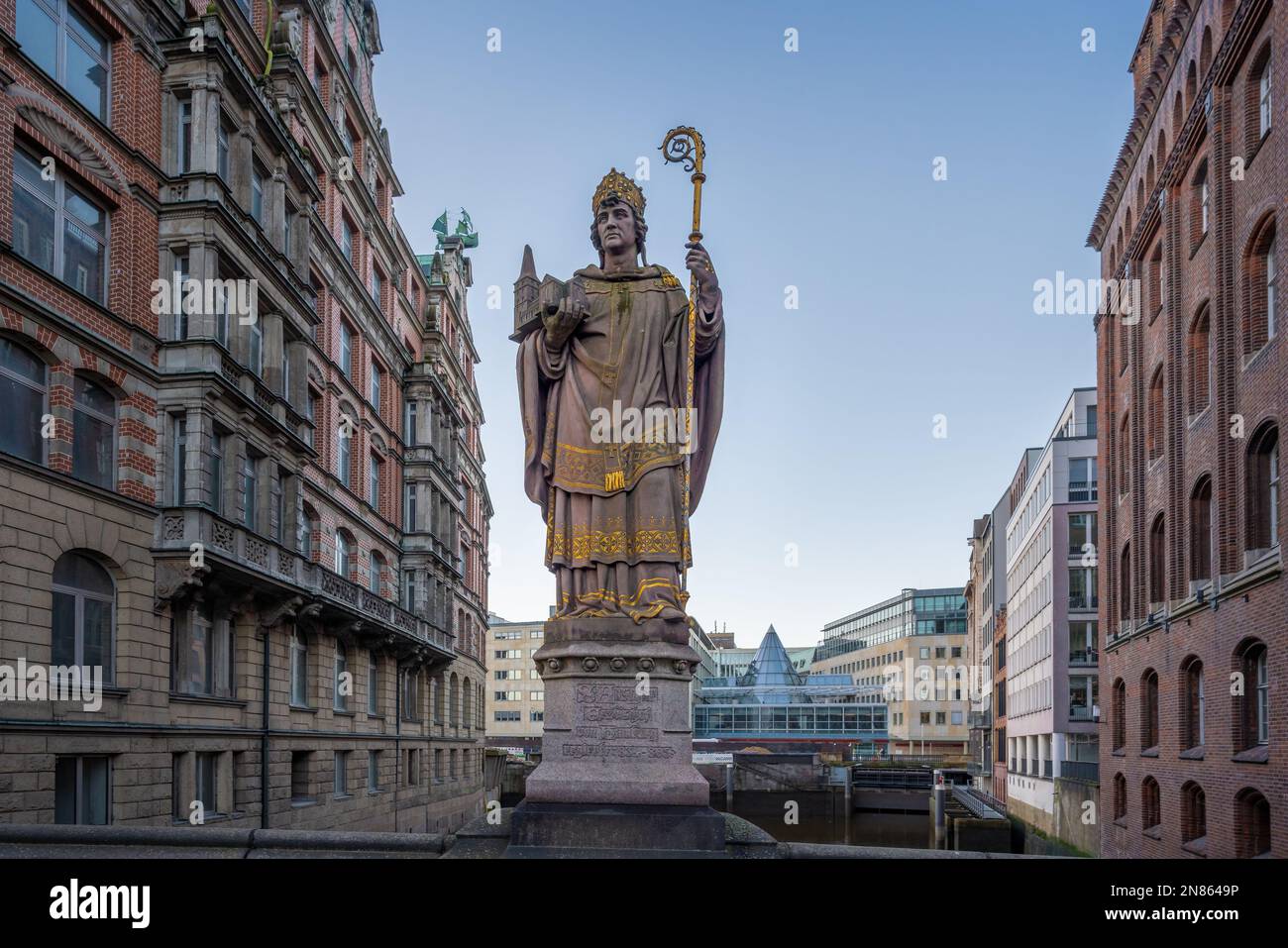 Saint Ansgar Statue at Trostbrucke Bridge - Hamburg, Germany Stock Photo