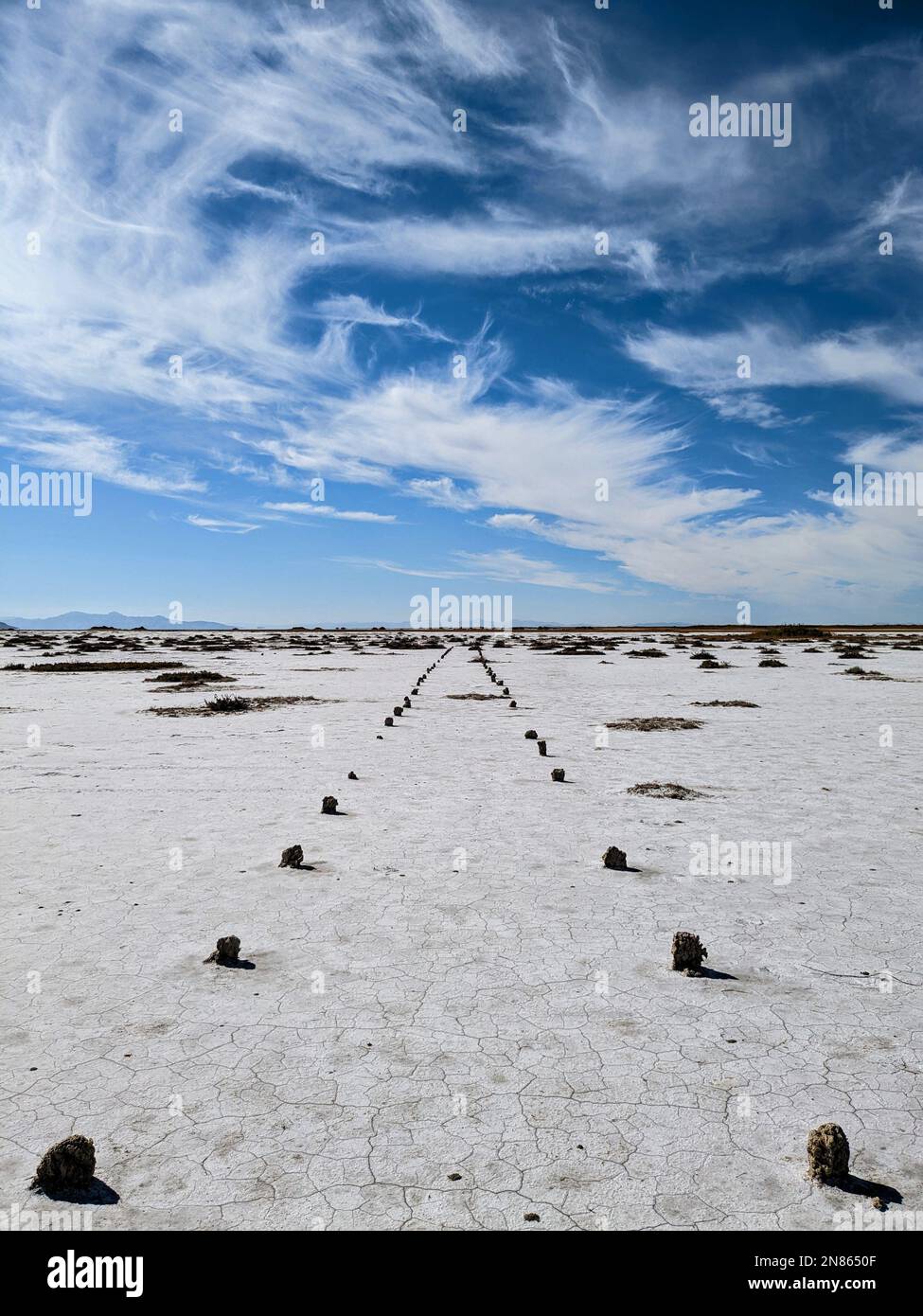 A vertical shot of dry land with rocks against the background of blue sky.  Great Salt Lake, Utah Stock Photo - Alamy