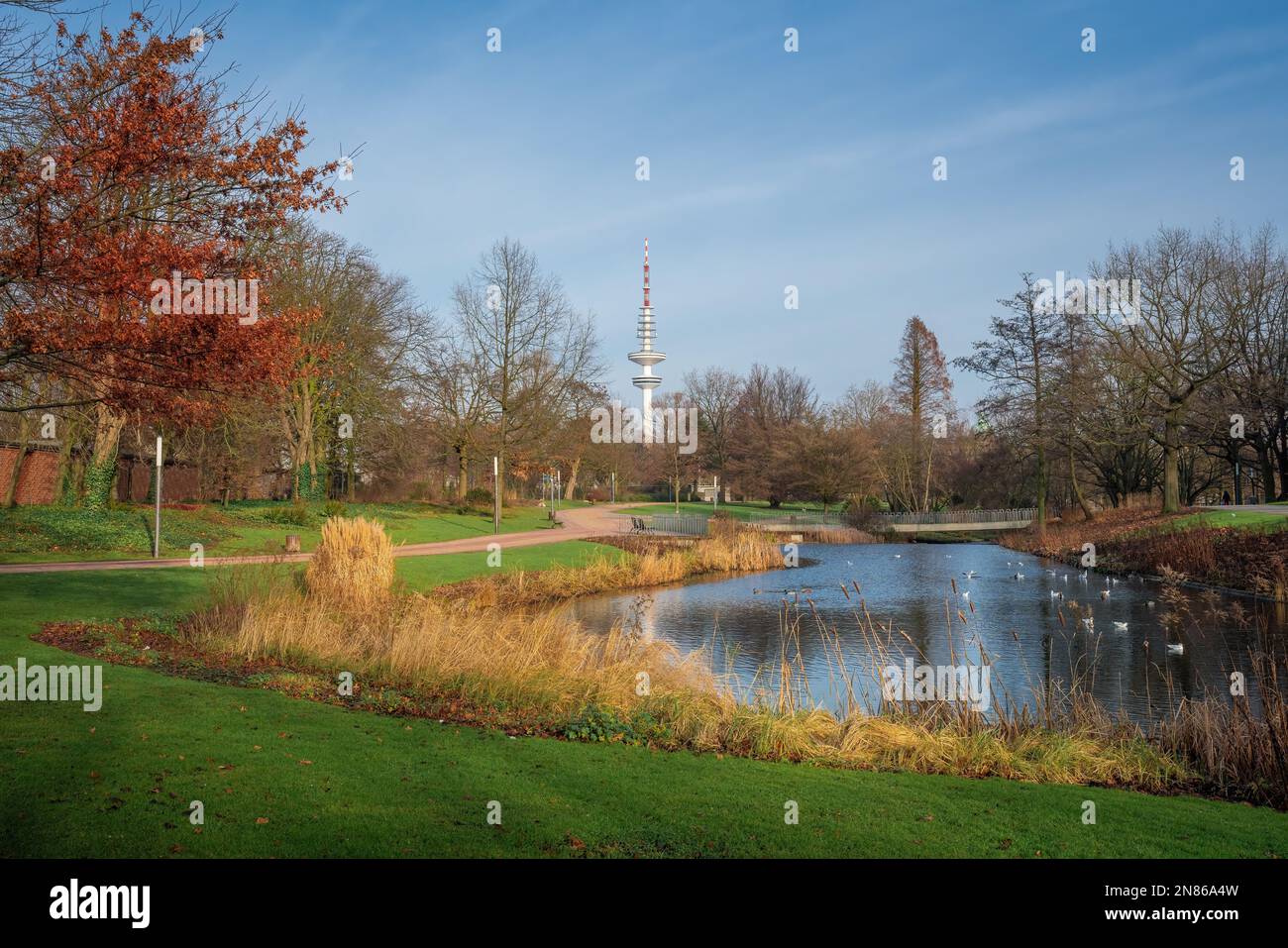 Planten un Blomen Park with Heinrich Hertz Tower view - Hamburg, Germany Stock Photo