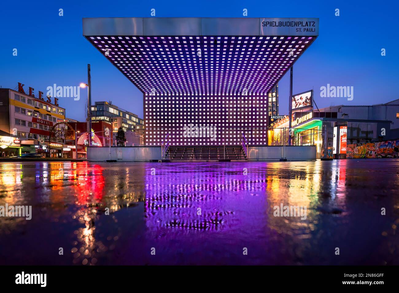 Open-air stage at Spielbudenplatz Square in Reeperbahn at Night - St. Pauli District - Hamburg, Germany Stock Photo