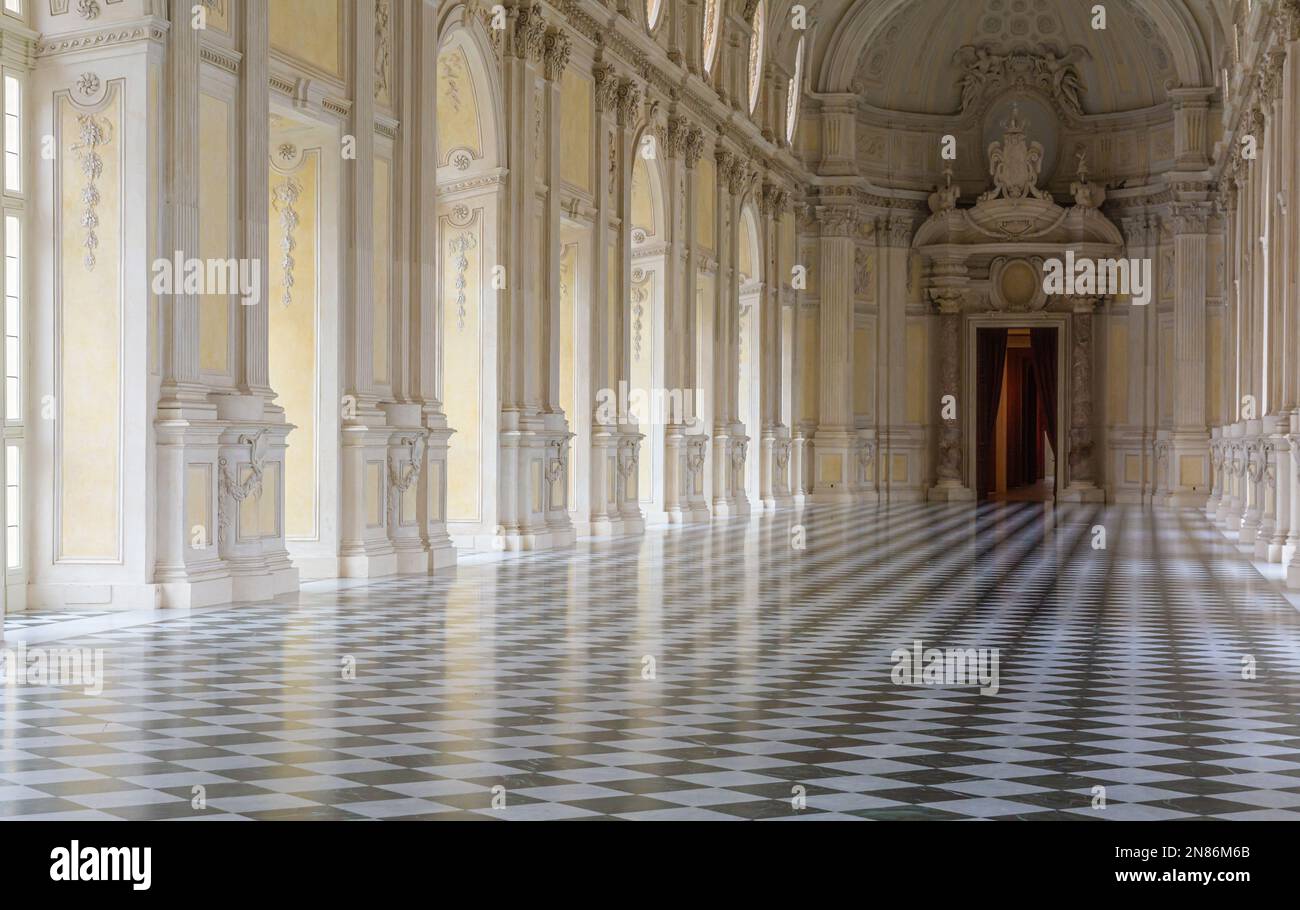 The Great Hall at Palace of Venaria - architectural masterpiece of the 18th century - Venaria Reale, Turin, Piedmont, northern Italy, Europe - Stock Photo