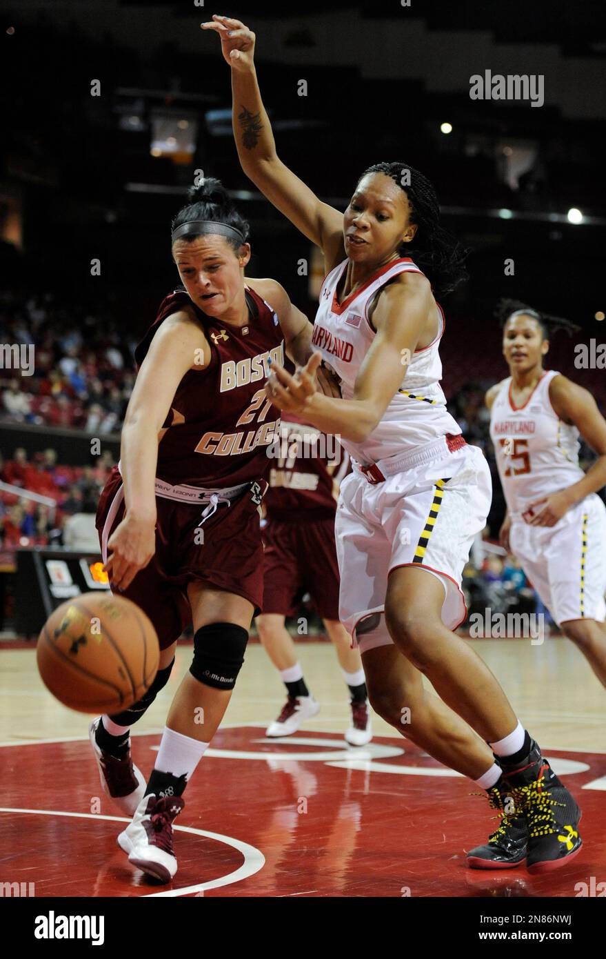 Maryland's Alicia DeVaughn, front right, and Boston College's Kristen
