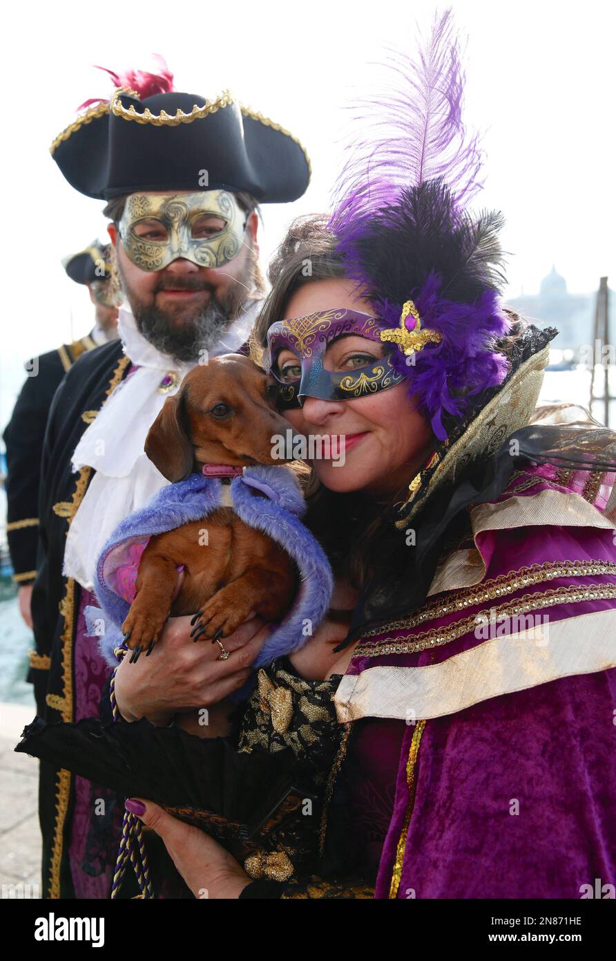 Venice, Italy. 11th February 2023. Revellers wearing traditional carnival costumes and masks, along with tourists, flock to Venice for the Venice Carnival. Credit: Carolyn Jenkins/Alamy Live News Stock Photo