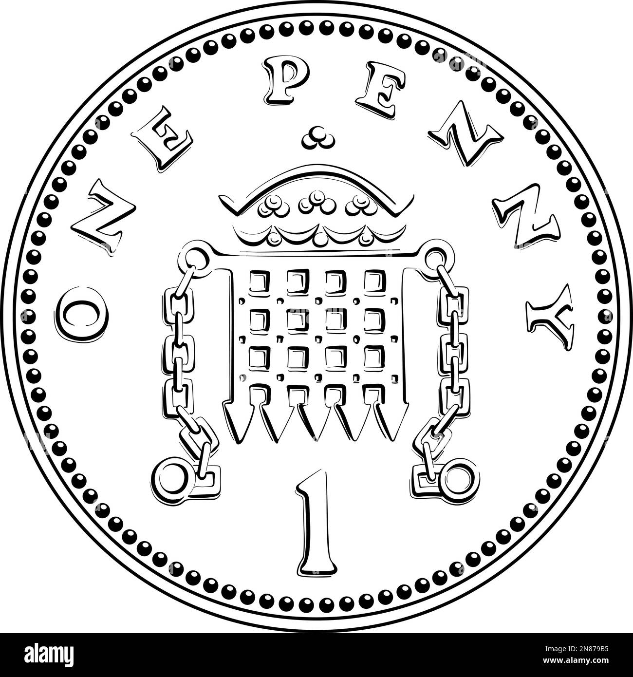 Vector british money bronze coin One penny, crowned portcullis with