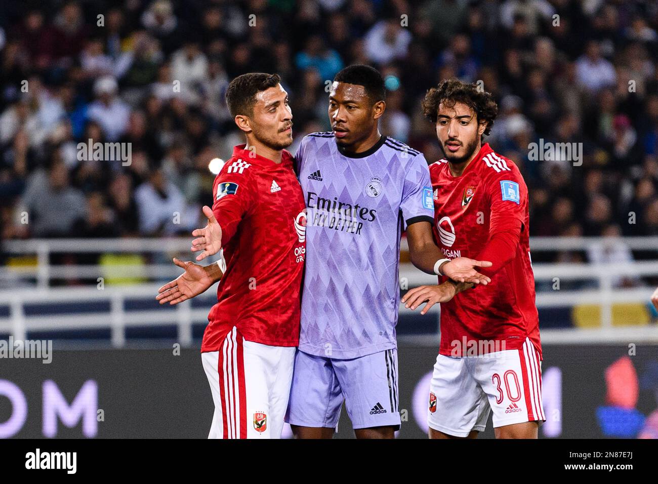 Rabat, Morocco. 08th Feb, 2023. Prince Moulay Abdellah Rabat, Morocco - February 08: Mohamed Sherif (L) and Mohamed Hany of Al Ahly (R) fights for position with David Alaba of Real Madrid (C) during the FIFA Club World Cup Morocco 2022 Semi Final match between Al Ahly v Real Madrid CF at Prince Moulay Abdellah on February 8, 2023 in Rabat, Morocco. (Photo by Marcio Machado/Eurasia Sport Images) (Eurasia Sport Images/SPP) Credit: SPP Sport Press Photo. /Alamy Live News Stock Photo