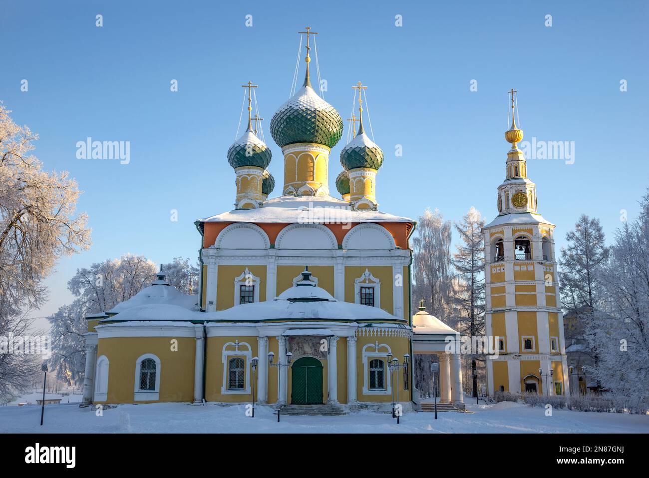 Spaso-Preobrazhensky Cathedral on a winter evening. Uglich, Yaroslavl region. The Golden Ring of Russia Stock Photo