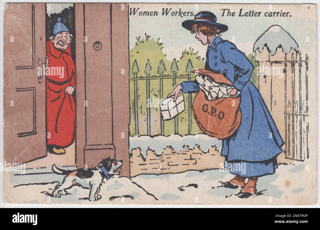 'Women workers. The letter carrier': cartoon showing a First World War woman postal worker with a GPO (General Post Office) bag full of mail and a parcel tied up with string. A small red eyed dog is barking at her while a man in a red nightgown and blue nightcap is smiling at the scene from an open door. There is snow on the ground Stock Photo