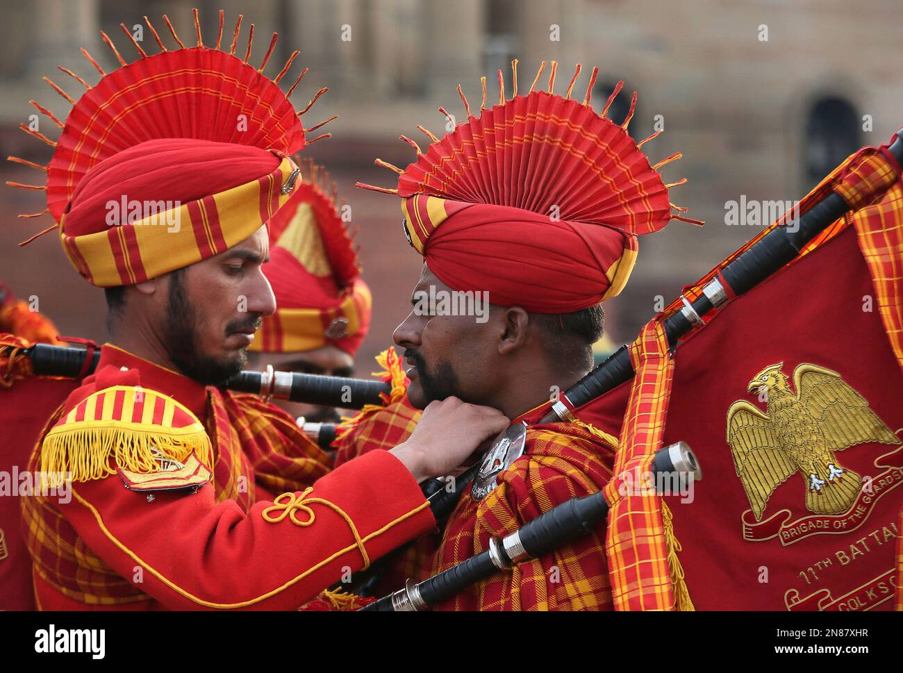 Members of Indian Army band get ready for full dress rehearsals of the