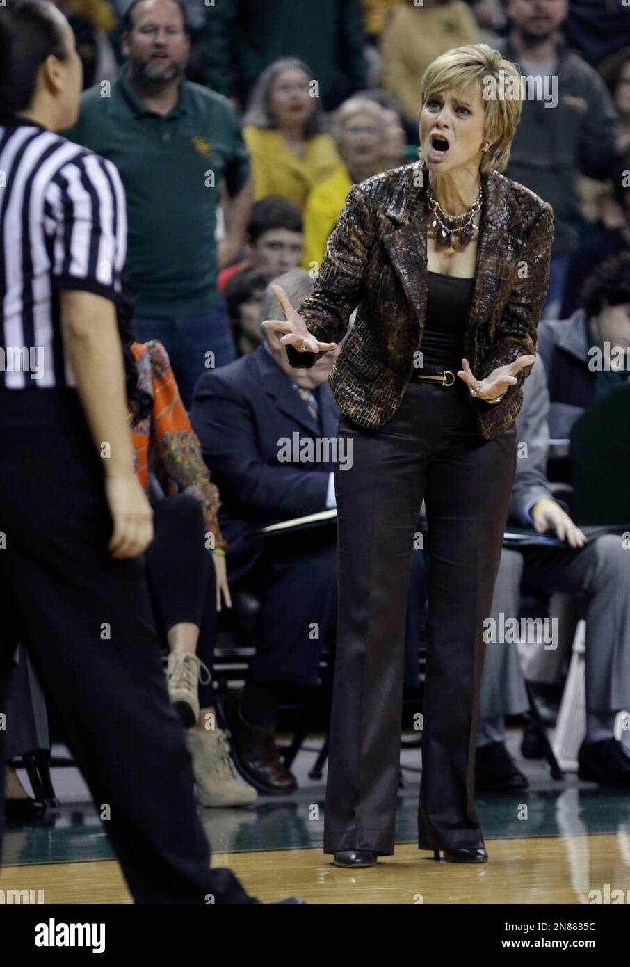 Baylor's head basketball coach Kim Mulkey yells at a referee during the