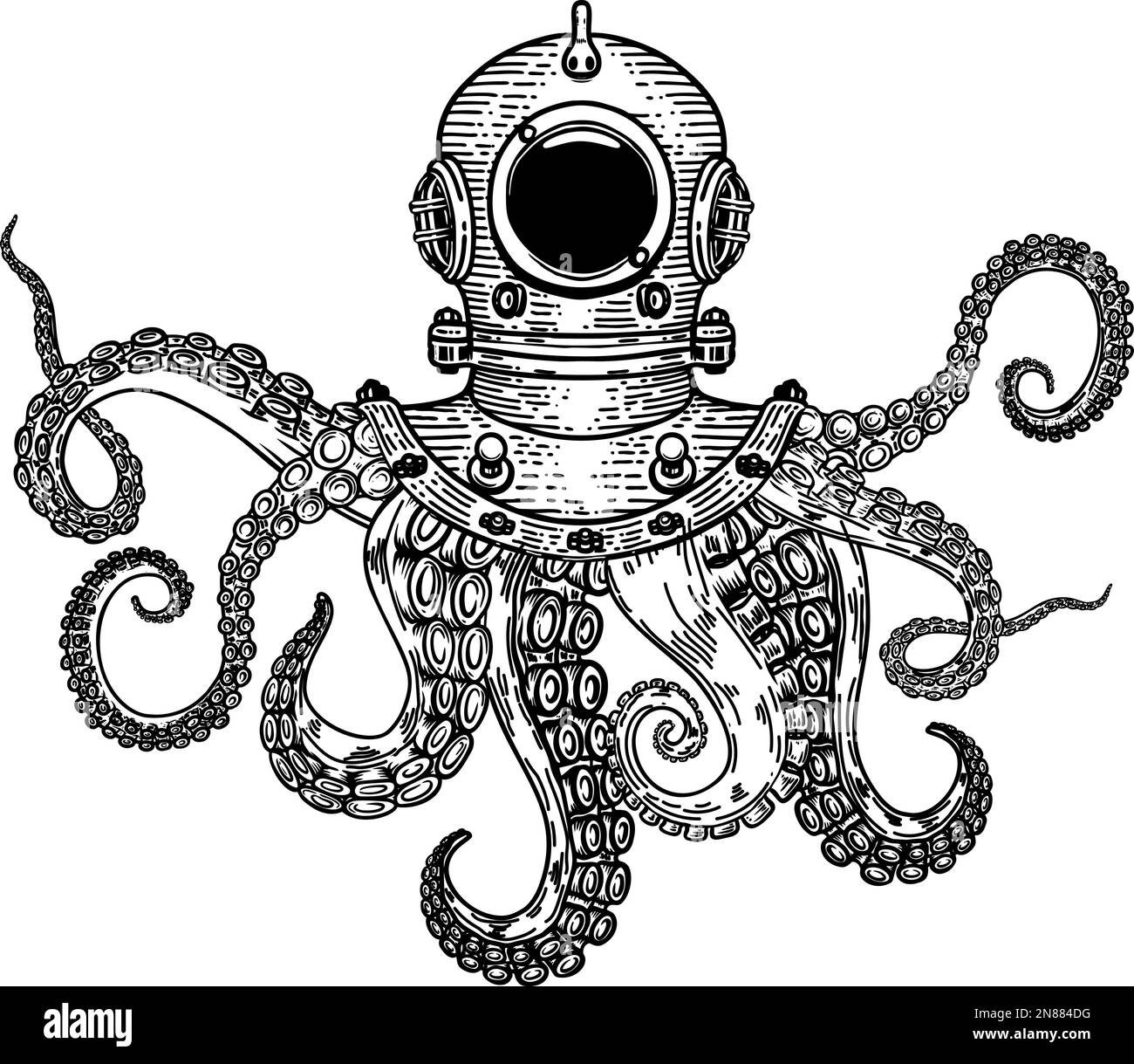 Illustration of vintage diver helmet with octopus tentacles. Design