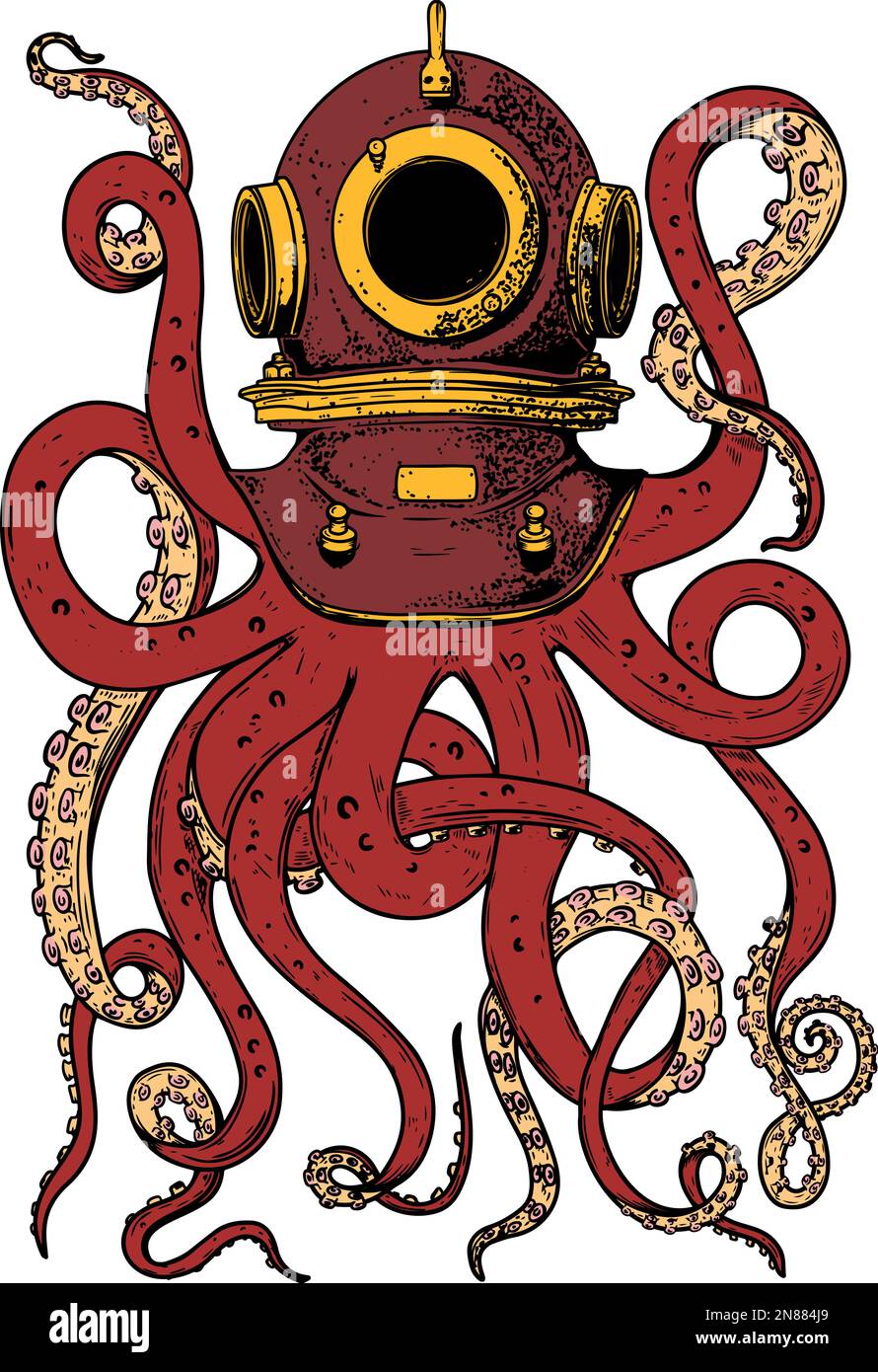 Illustration of vintage diver helmet with octopus tentacles. Design