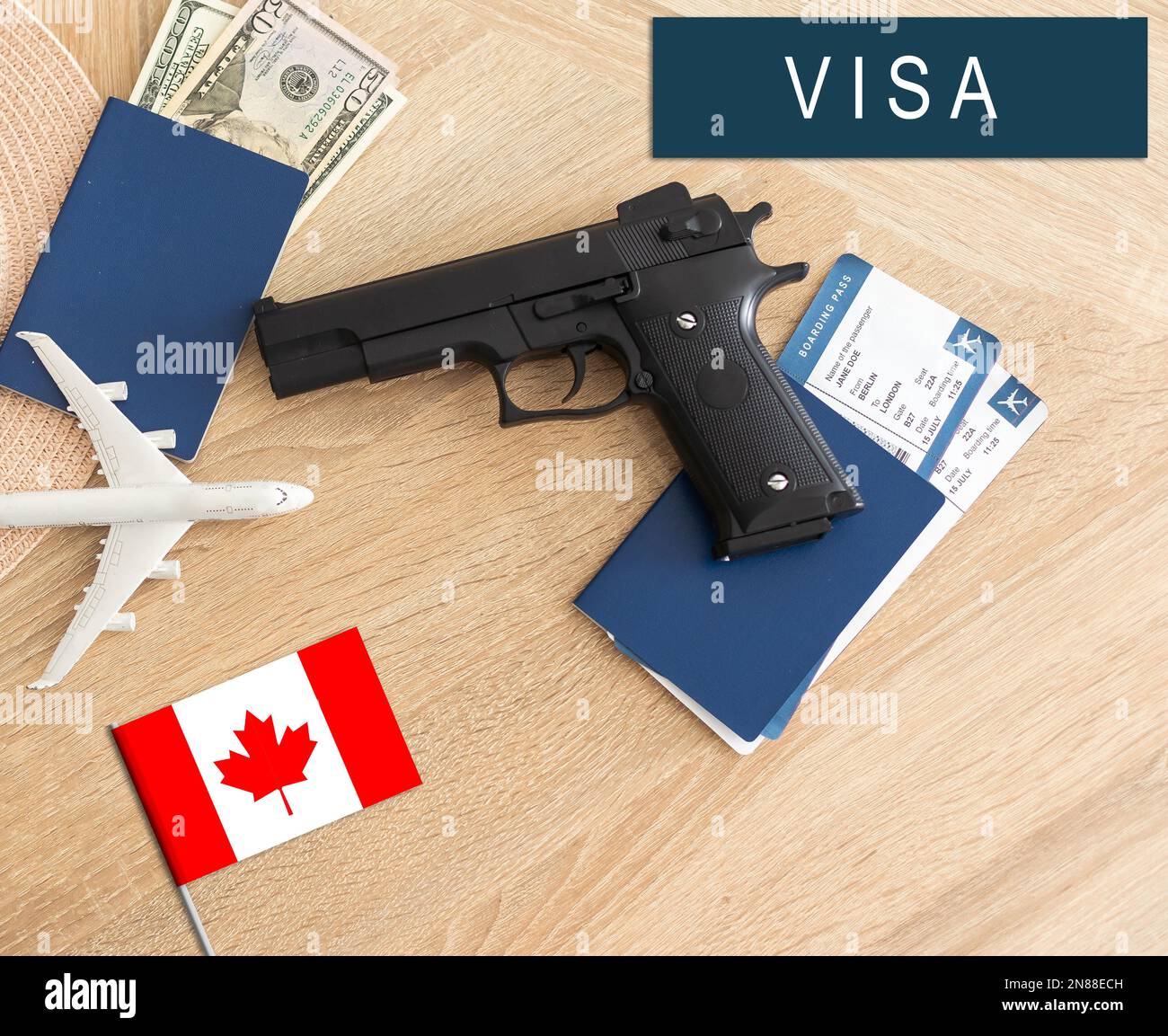 Flag of Canada with passport and toy airplane. Flight travel concep Stock Photo