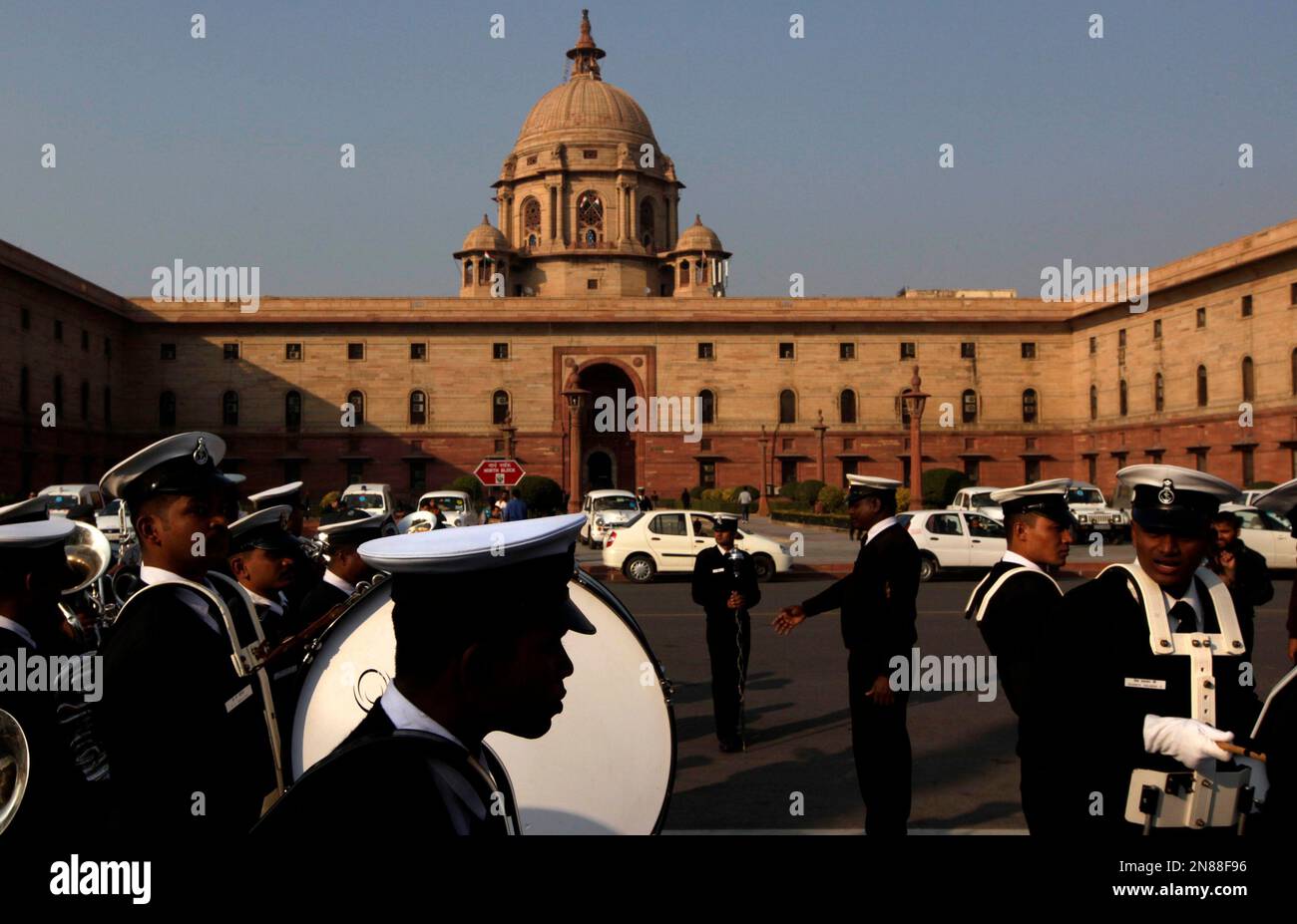 Members of Indian Navy band get ready for rehearsals for the