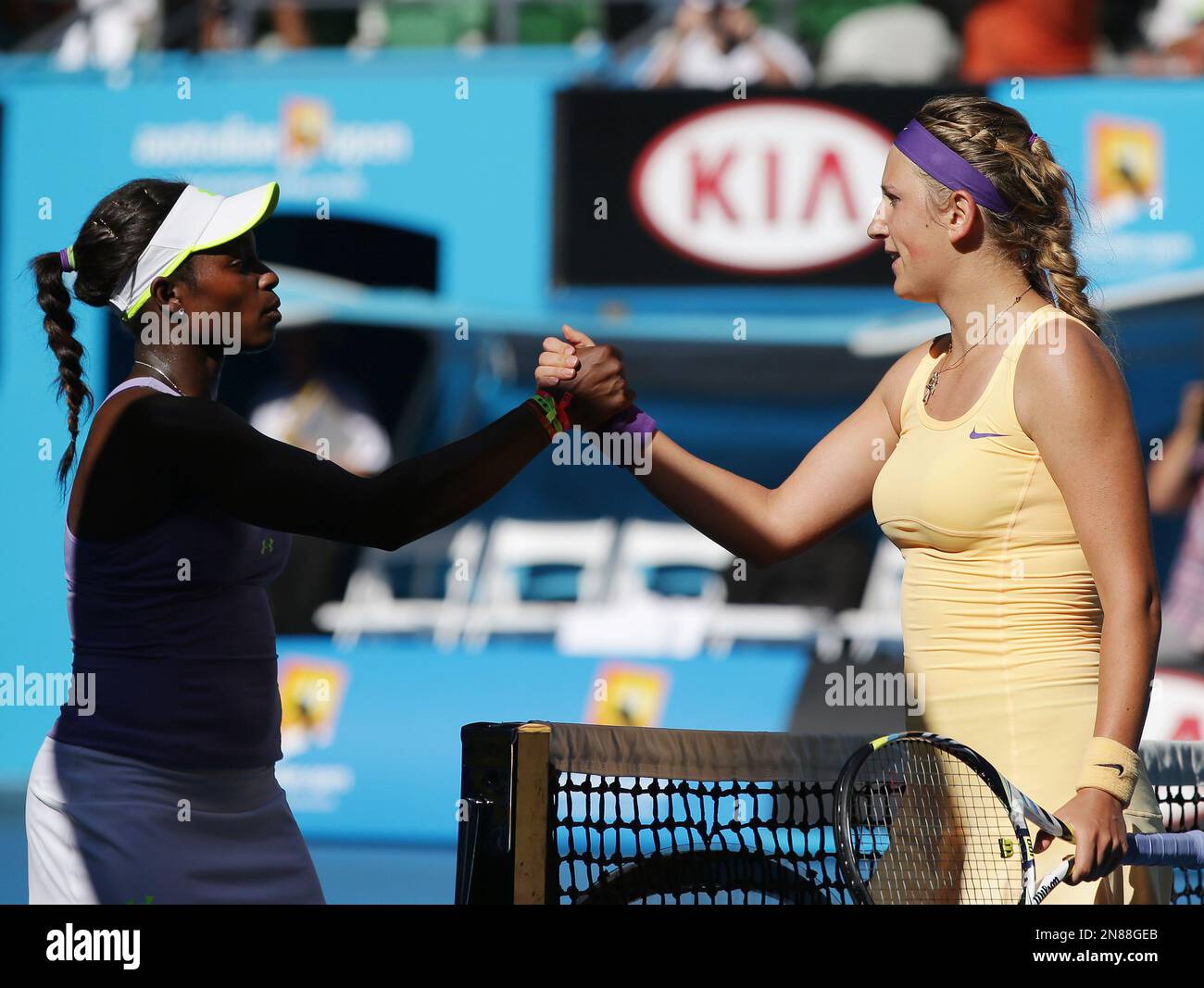 Sloane Stephens, left, of the US congratulates Victoria Azarenka of