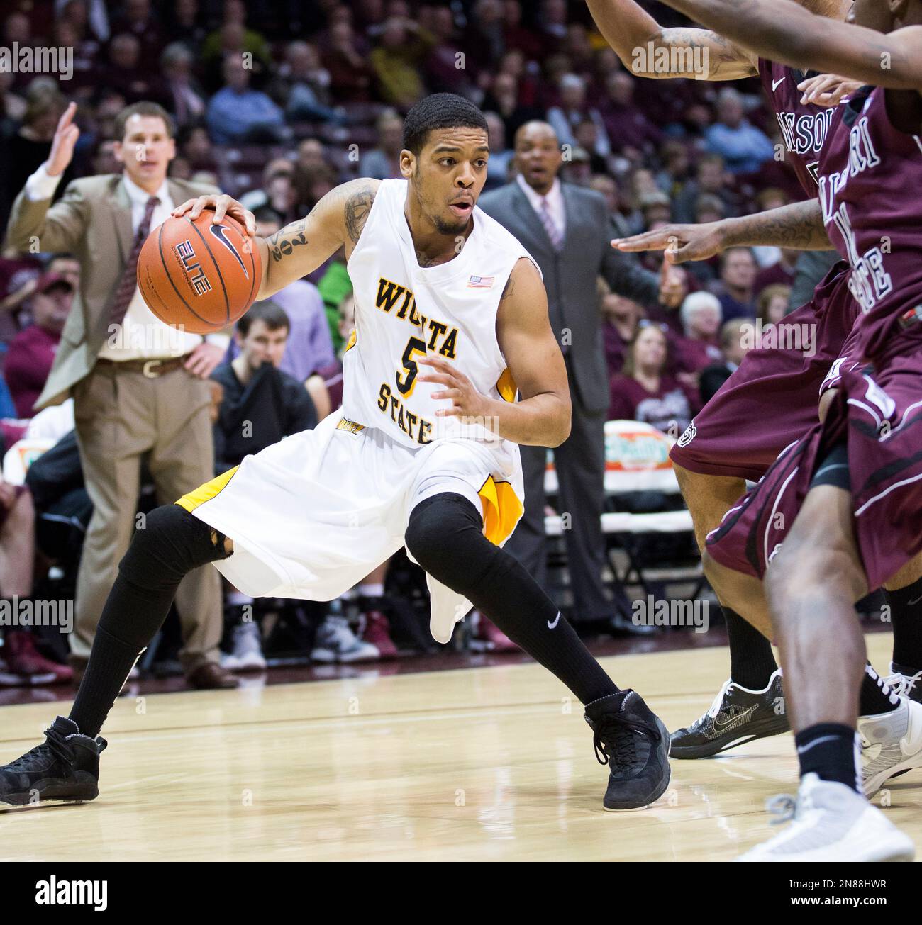 Wichita State guard Demetric Williams (5) drives towards the hoop