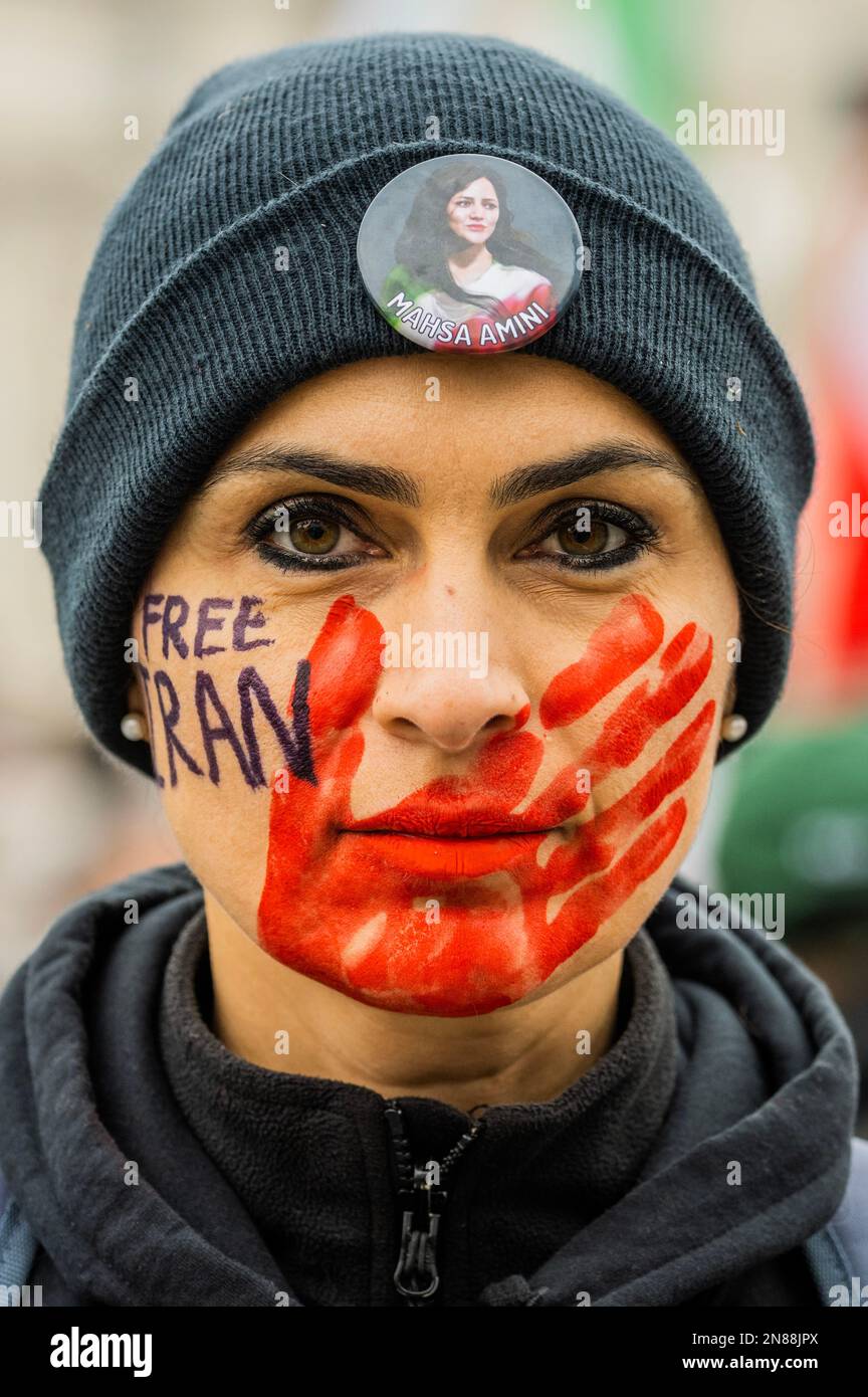 London, UK. 11th Feb, 2023. A protest, under the slogan “Women, life, freedom”, in solidarity with the continuing uprising in Iran demanding greater freedom and protesting against the death of Mahsa Amini who died in custody, three days after her arrest for allegedly breaching Iran's strict rules for women on wearing hijab headscarves and modest clothing. Credit: Guy Bell/Alamy Live News Stock Photo