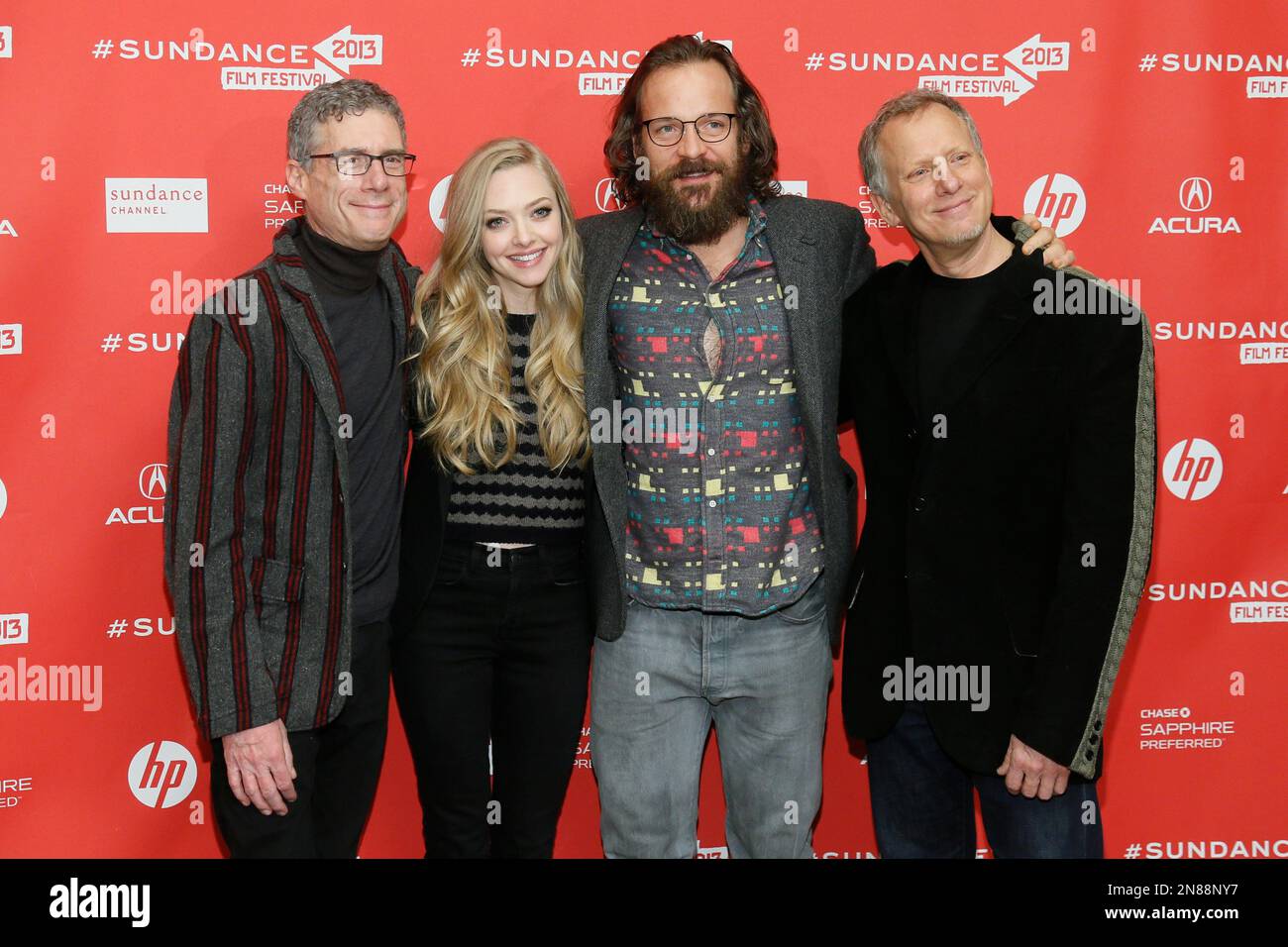 From left to right, co-director Jeffrey Friedman, actors Amanda Seyfried  and Peter Sarsgaard and co-director Rob Epstein pose together at the  premiere of 