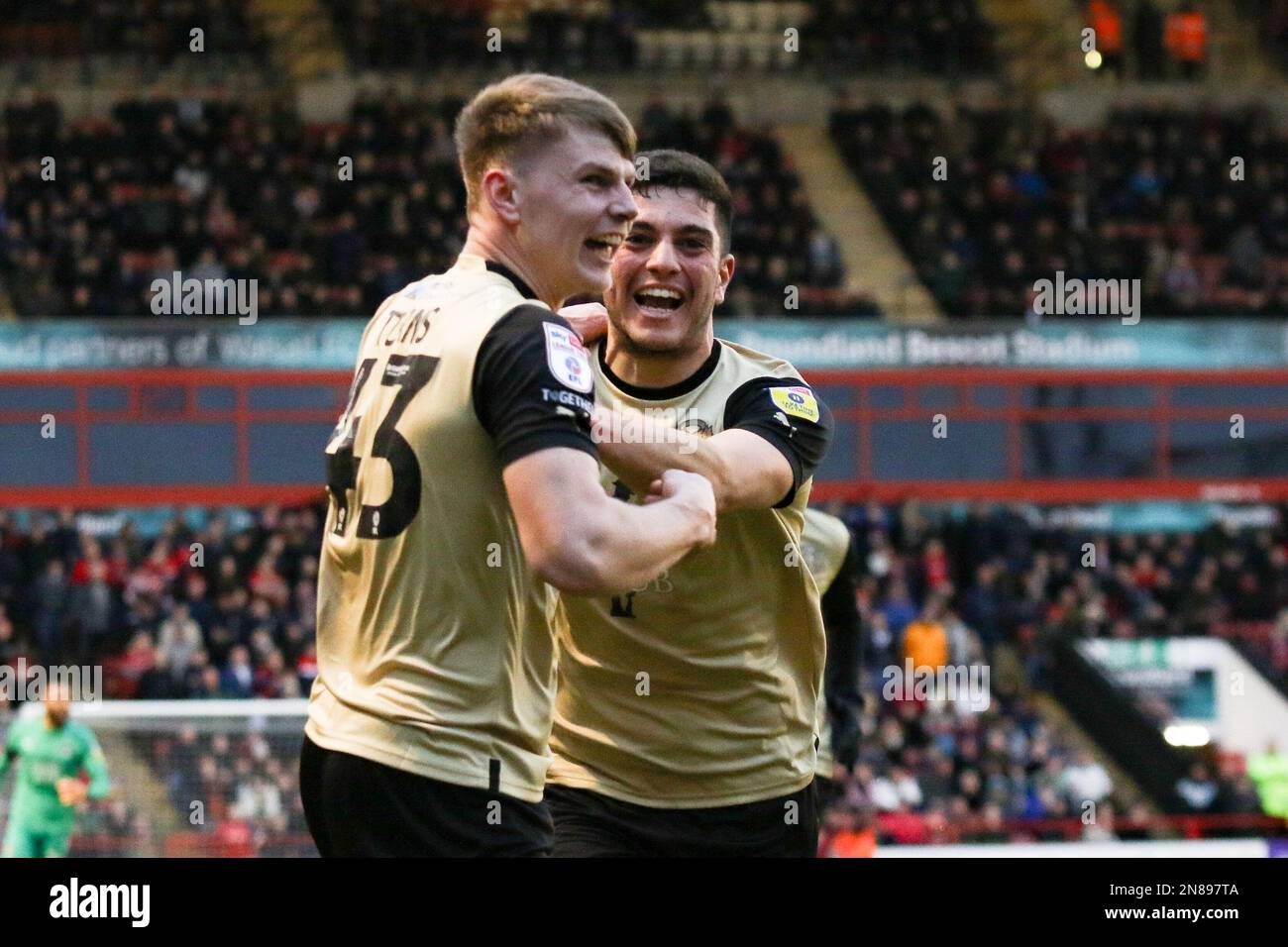 Ed Turns of Leyton (L) celebrates scoring their side's first goal of the game during the Sky Bet League 2 match between Walsall and Leyton Orient at the Banks's Stadium, Walsall on Saturday 11th February 2023. (Photo: Gustavo Pantano | MI News) Credit: MI News & Sport /Alamy Live News Stock Photo