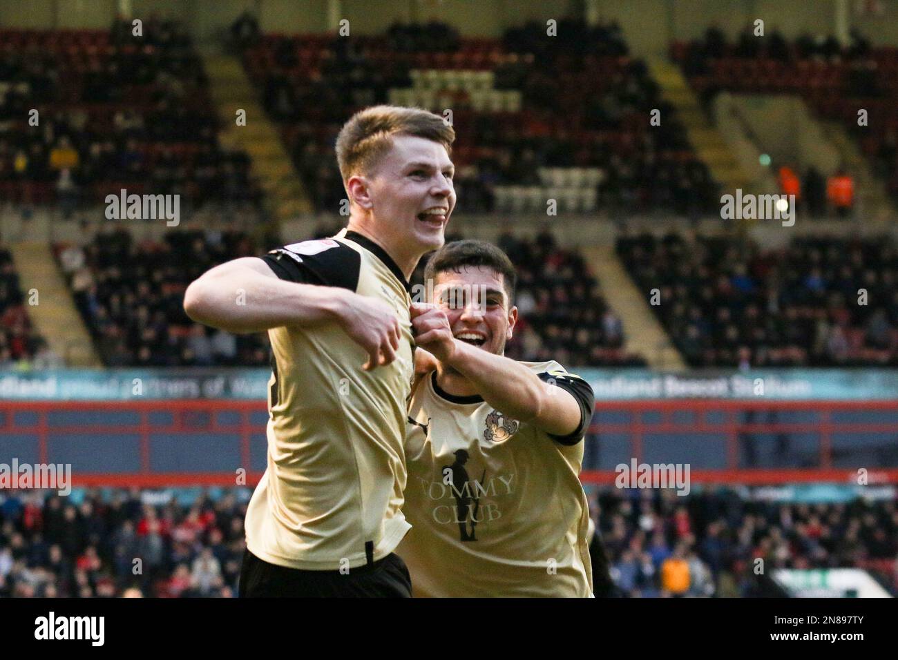 Ed Turns of Leyton (L) celebrates scoring their side's first goal of the game during the Sky Bet League 2 match between Walsall and Leyton Orient at the Banks's Stadium, Walsall on Saturday 11th February 2023. (Photo: Gustavo Pantano | MI News) Credit: MI News & Sport /Alamy Live News Stock Photo