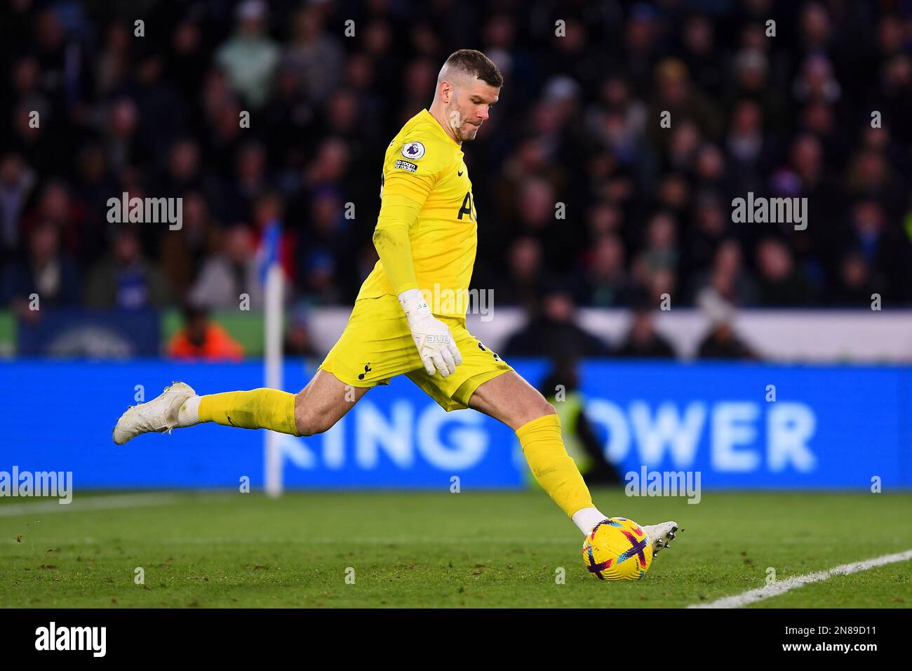 Fraser Forster of Tottenham Hotspur in action during the Premier League match between Leicester City and Tottenham Hotspur at the King Power Stadium, Leicester on Saturday 11th February 2023. (Photo: Jon Hobley | MI News) Credit: MI News & Sport /Alamy Live News Stock Photo