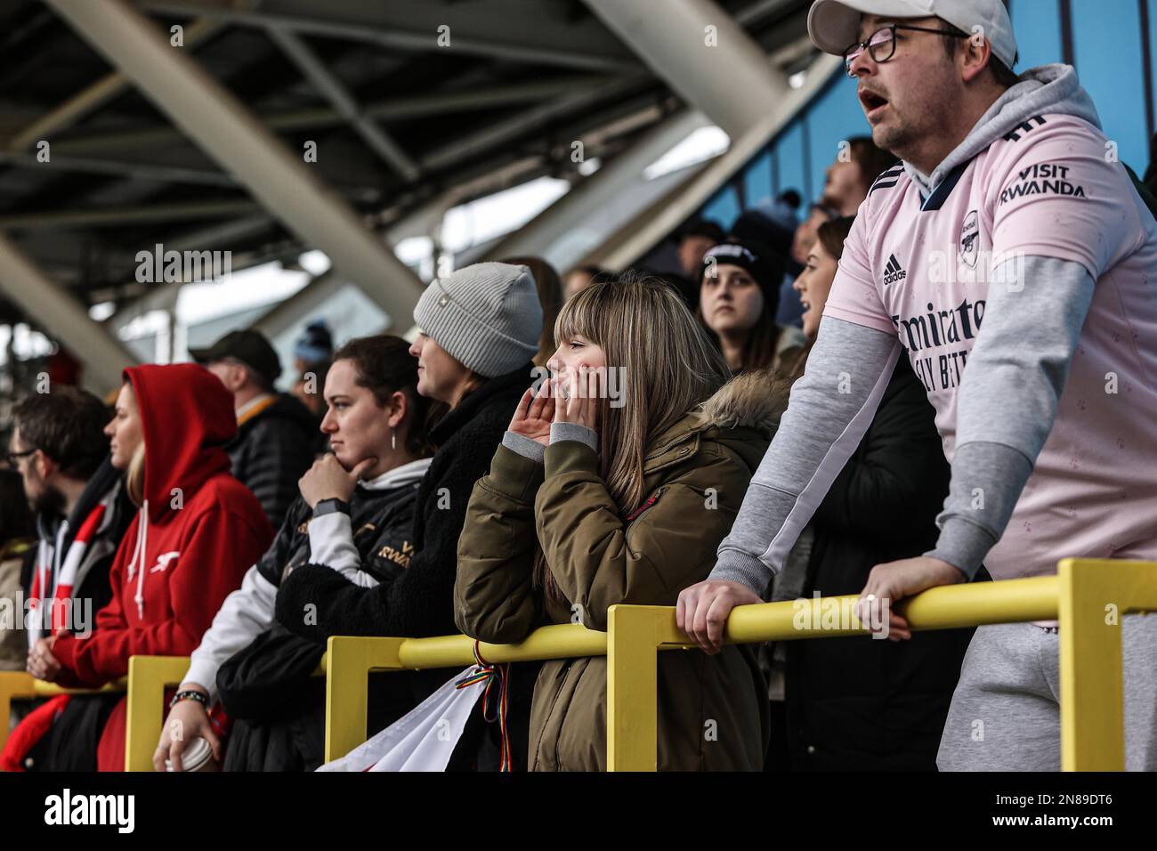 Arsenal fans cheer during the Barclays FA Women's Super League match between Manchester City and Arsenal at the Academy Stadium, Manchester on Saturday 11th February 2023. (Photo: Chris Donnelly | MI News) Credit: MI News & Sport /Alamy Live News Stock Photo