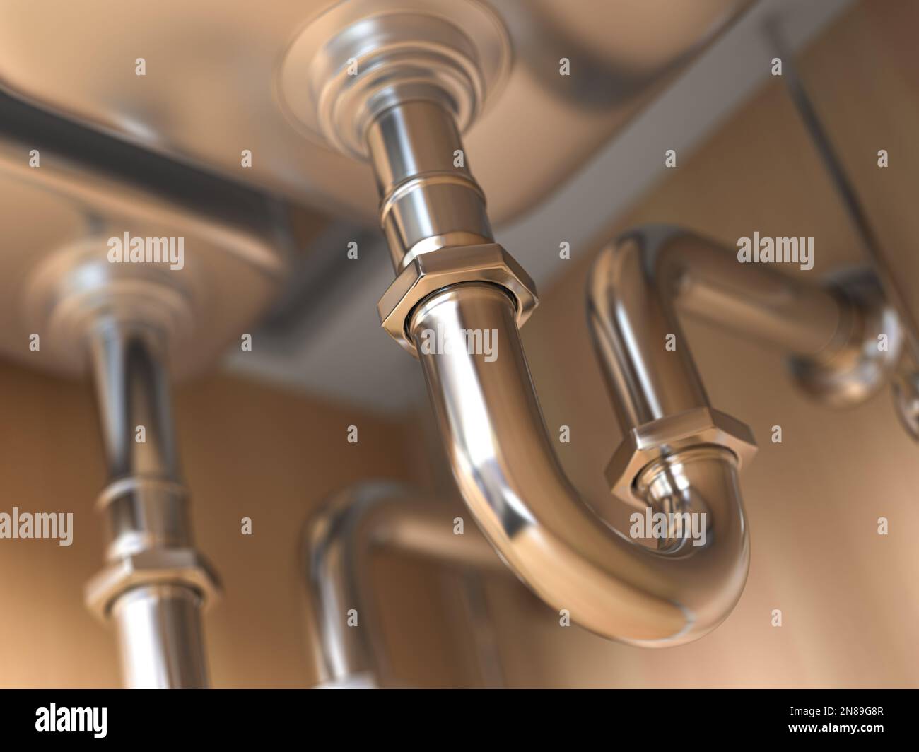 Metal pipes under the sink in the kitchen. 3d illustration Stock Photo