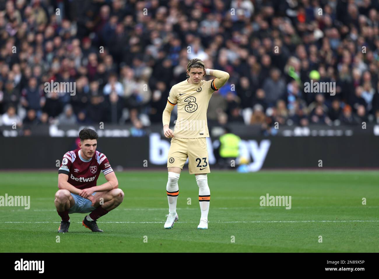 London, UK. 11th Feb, 2023. Declan Rice (WHU) and Conor Gallagher (C) at the West Ham United v Chelsea EPL match, at the London Stadium, London, UK on February 11, 2023. Credit: Paul Marriott/Alamy Live News Stock Photo