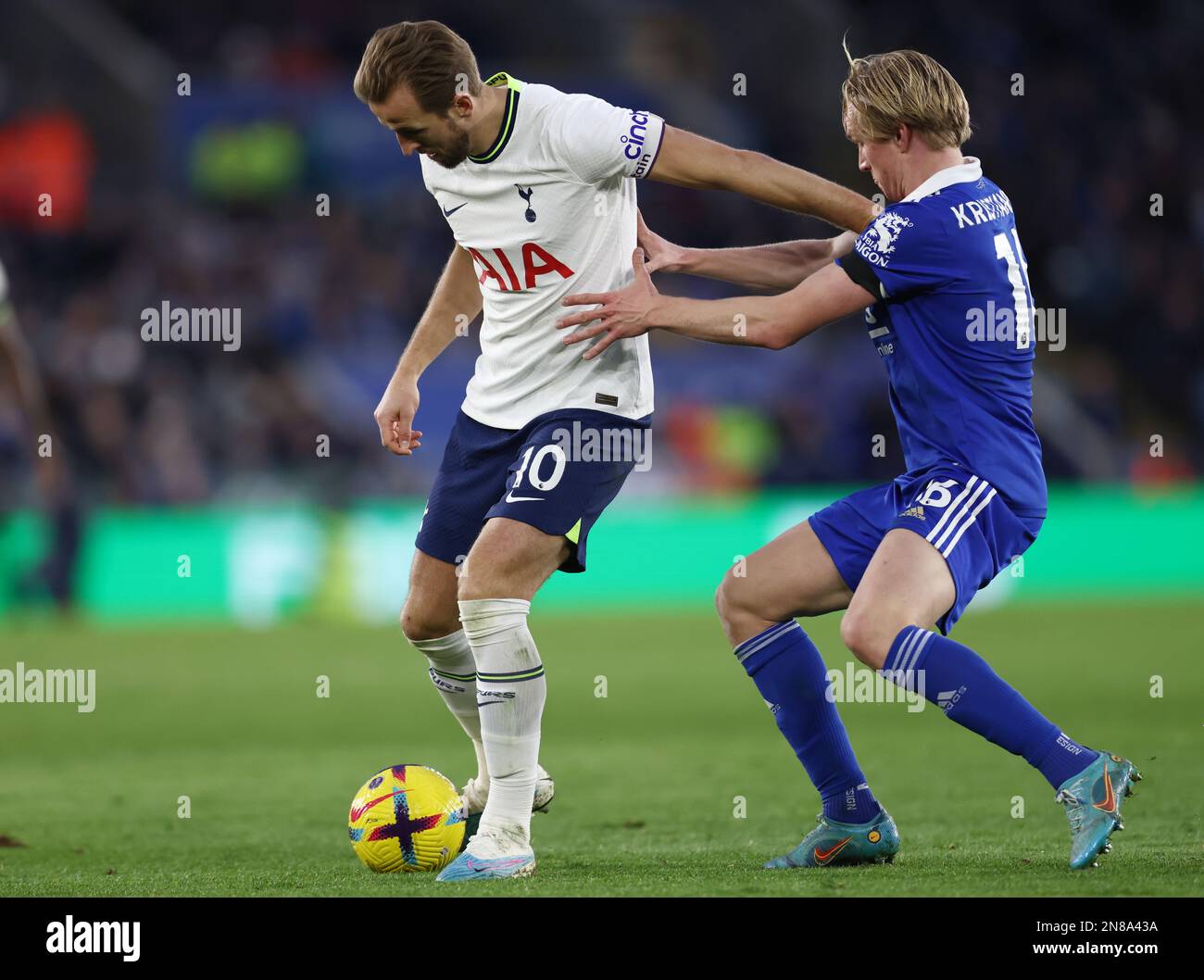 Leicester, England, 11th February 2023.  Harry Kane of Tottenham (L) holds of Victor Kristiansen of Leicester City during the Premier League match at the King Power Stadium, Leicester. Picture credit should read: Darren Staples / Sportimage Credit: Sportimage/Alamy Live News Stock Photo