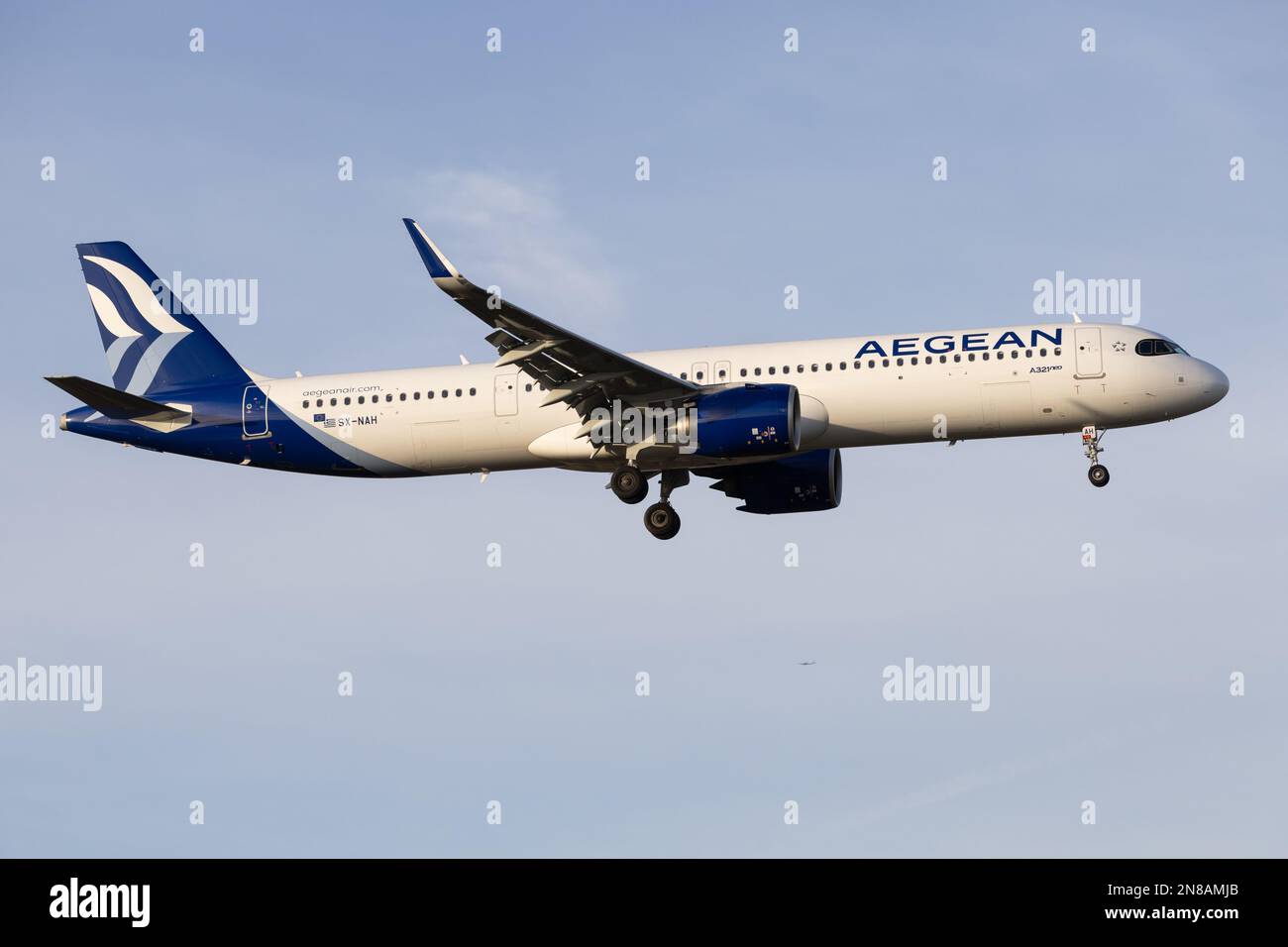 An Aegean Airlines Airbus A321 NEO lands at London Heathrow Airport in