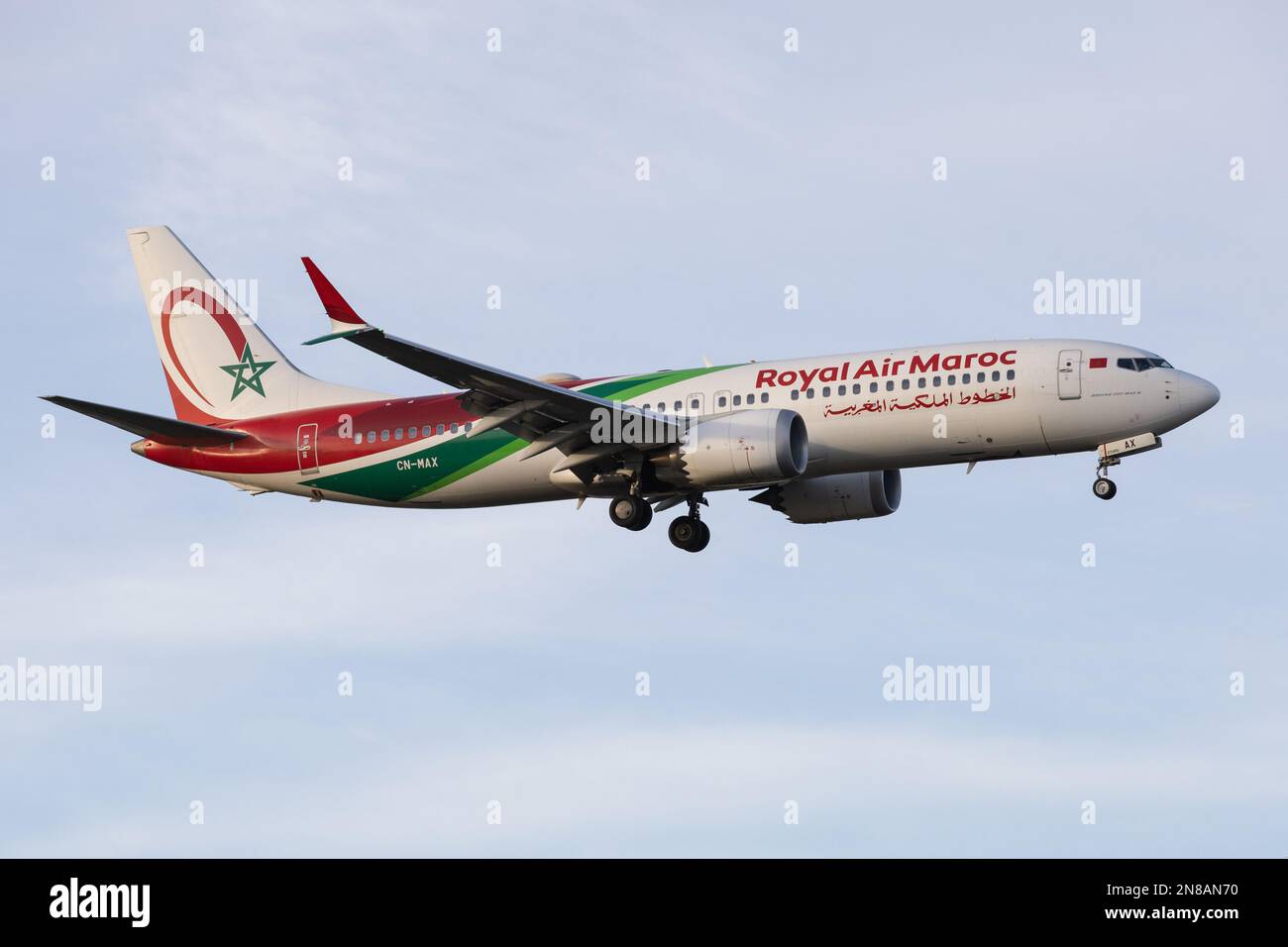 A Royal Air Maroc Boeing 737 MAX lands at London Heathrow Airport in