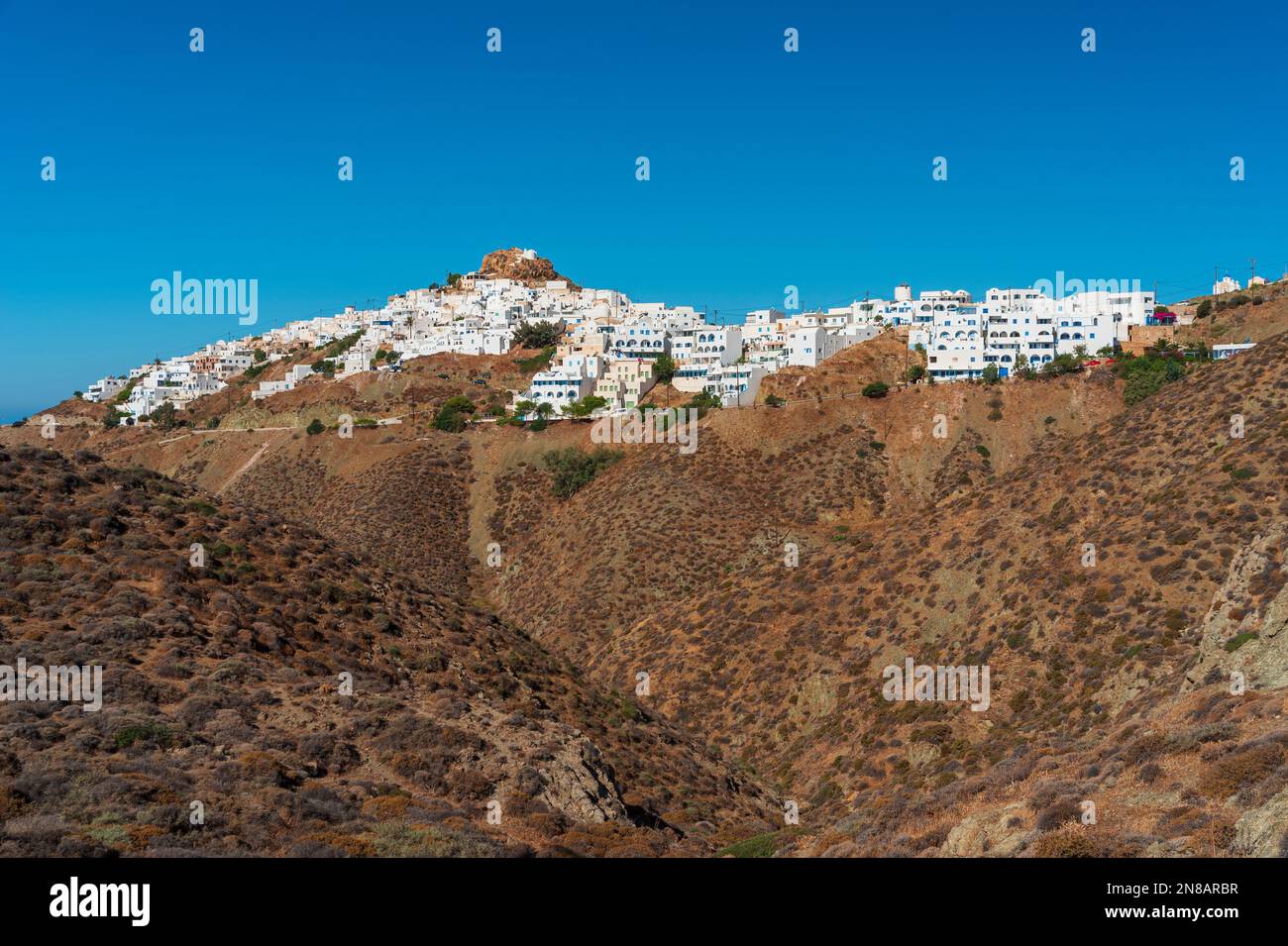 Skyline of Chora village, Anafi Stock Photo