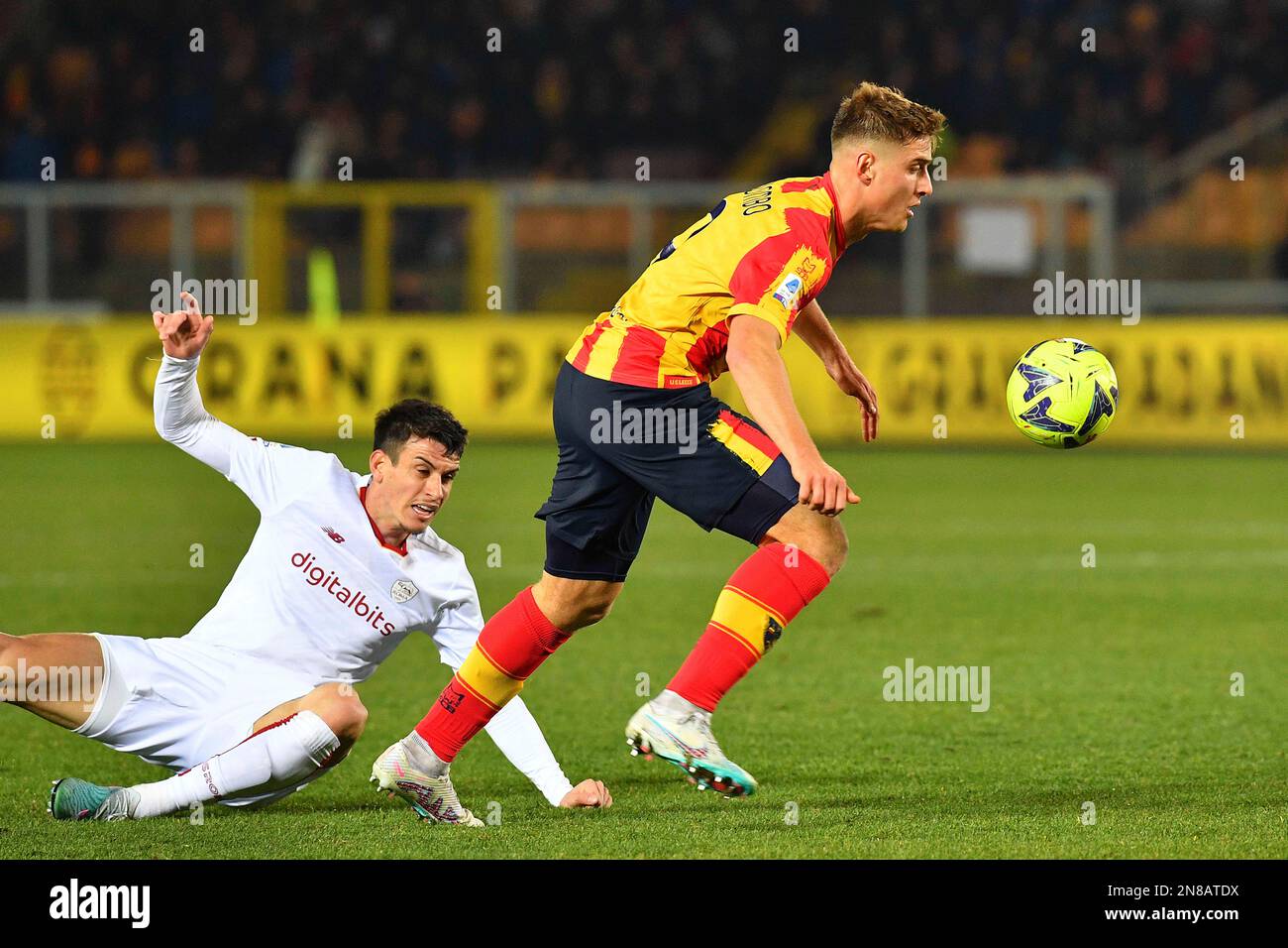 Bergamo, Italy. 19th Feb, 2023. Italy, Bergamo, feb 23 2023: Lorenzo  Colombo (Lecce striker) pressing in front court in the second half during  soccer game ATALANTA vs LECCE, Serie A Tim 2022-2023