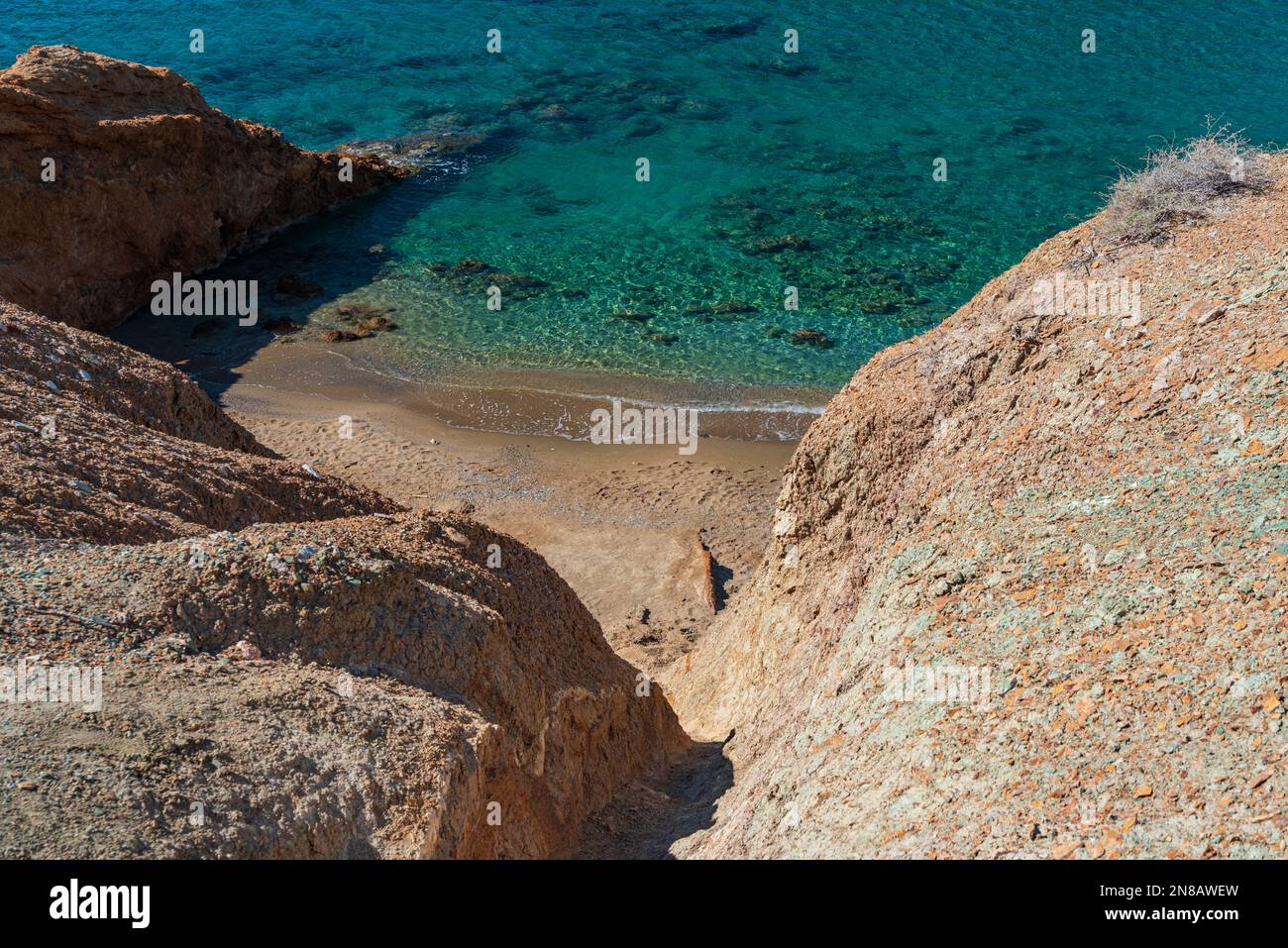 Agioi Anargyroi beach seen from above, Anafi Stock Photo