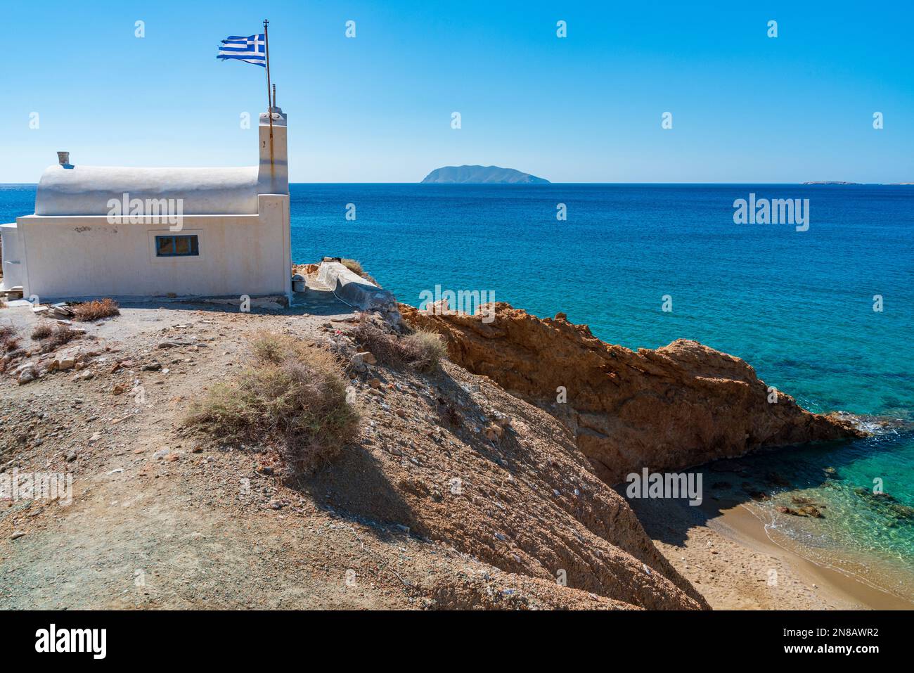 Agioi Anargyroi beach and church, Anafi Stock Photo