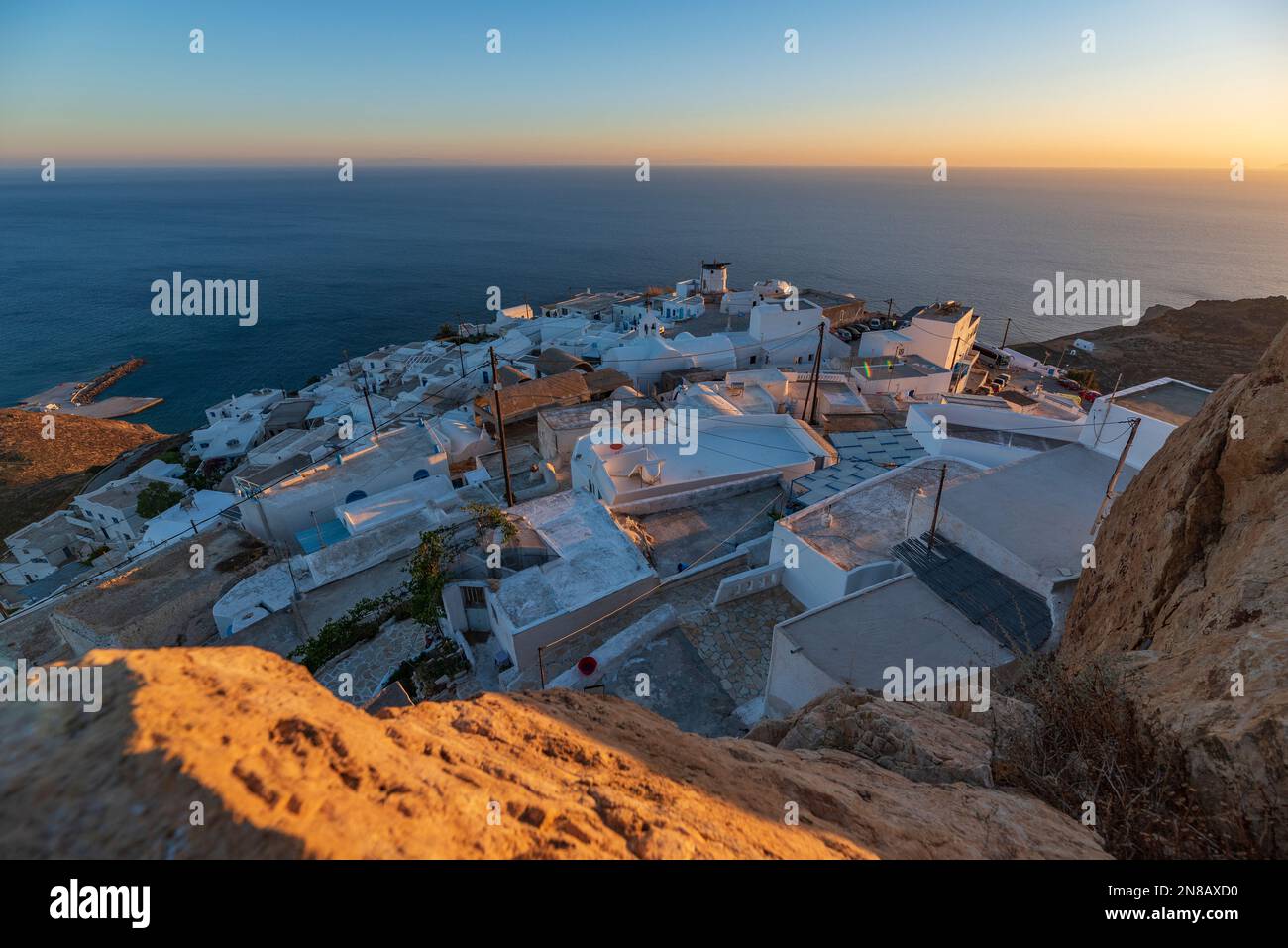 The village of Chora seen from above at dusk, Anafi Stock Photo