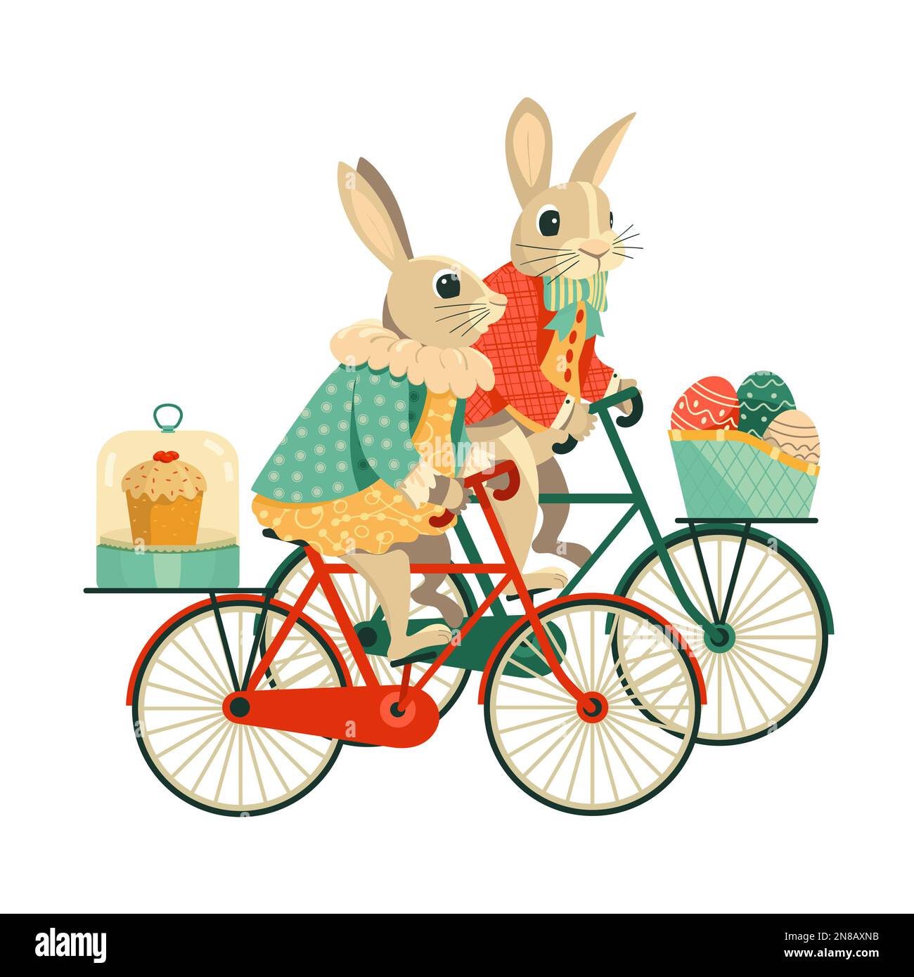 Easter bunny girl and boy ride bicycle festive art Stock Vector