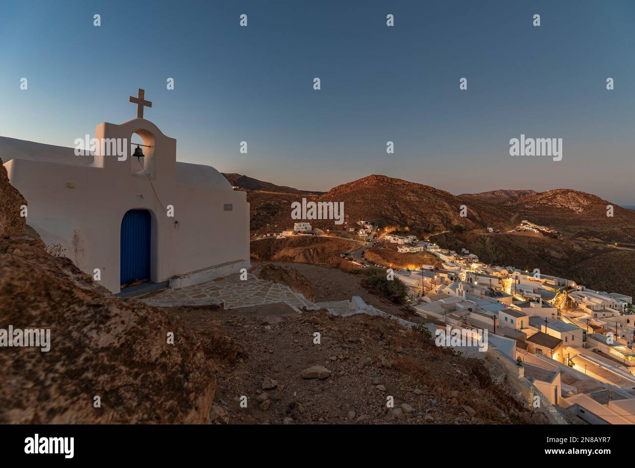 Panoramic view from the Venetian castle at dusk, Anafi Stock Photo