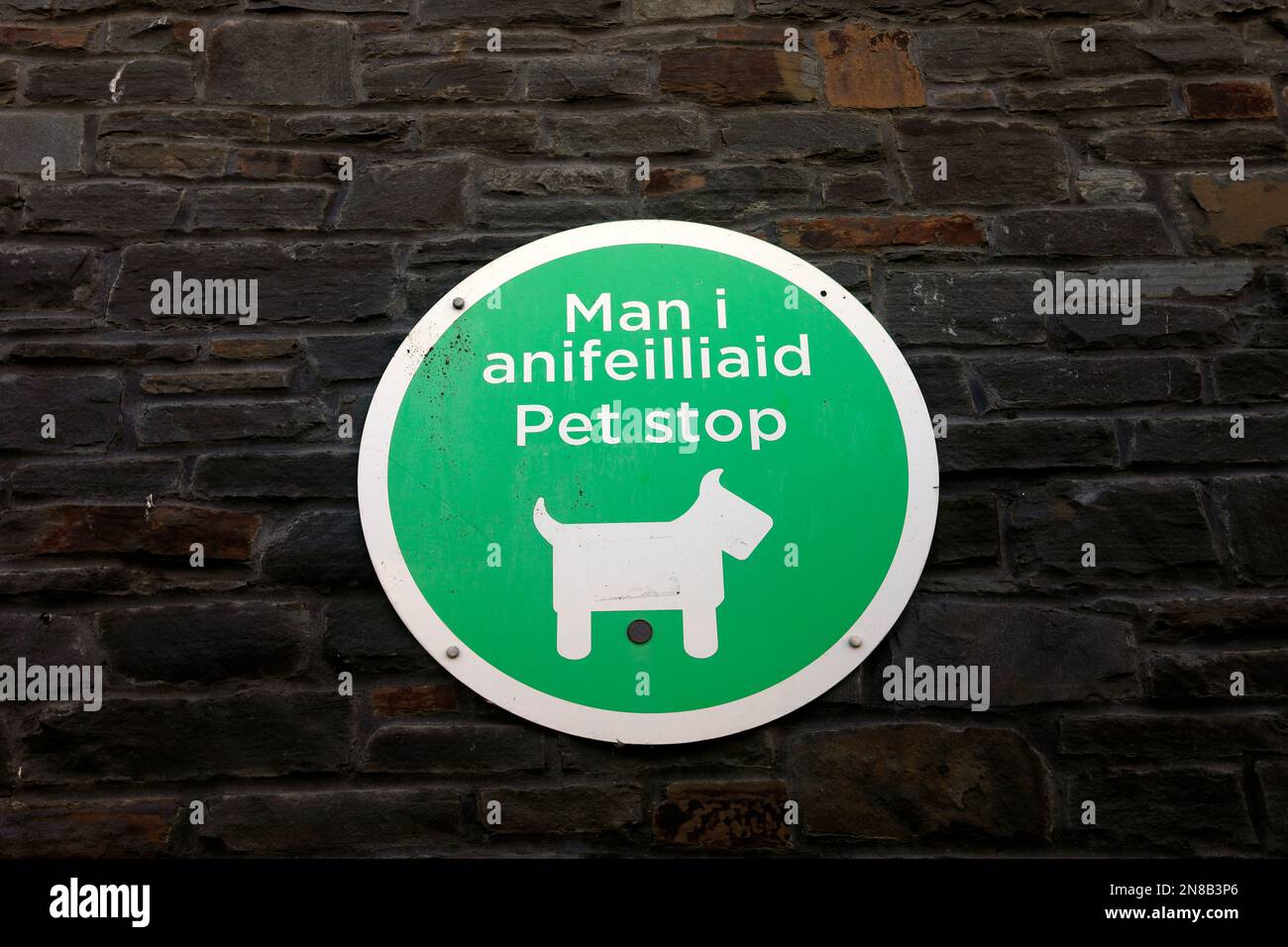 Bilingual sign for Pet Stop - incorrectly translated into Welsh. Should read Man i anifeiliaid, not anifeilliaid.. Taken February 2023. winter Stock Photo
