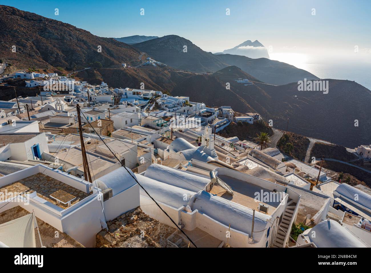 The village of Chora seen from above, Anafi Stock Photo