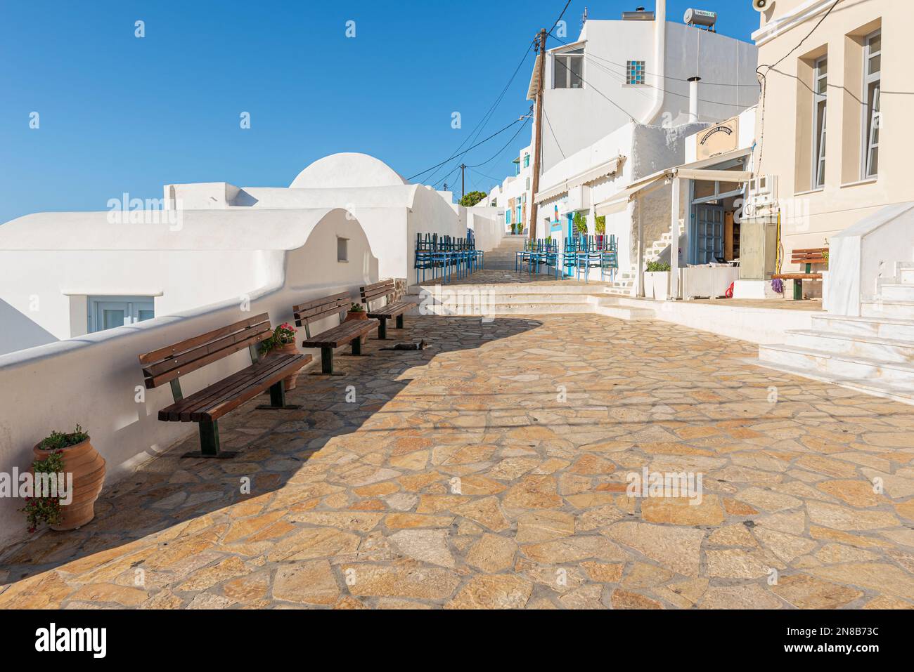 The main street of the picturesque village of Chora, Anafi Stock Photo