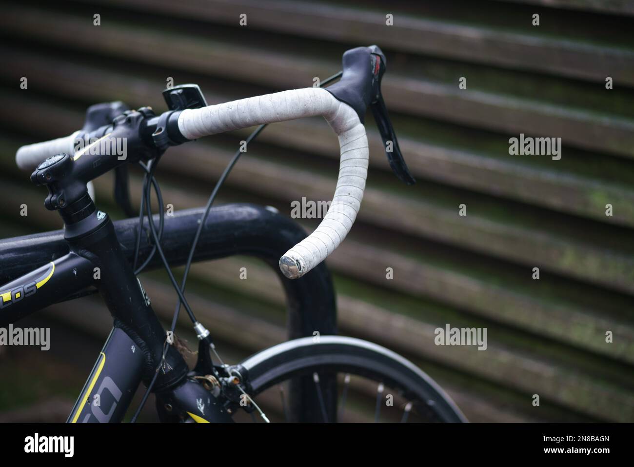 Taped handle bars on a racing bike to enhance grip. Stock Photo