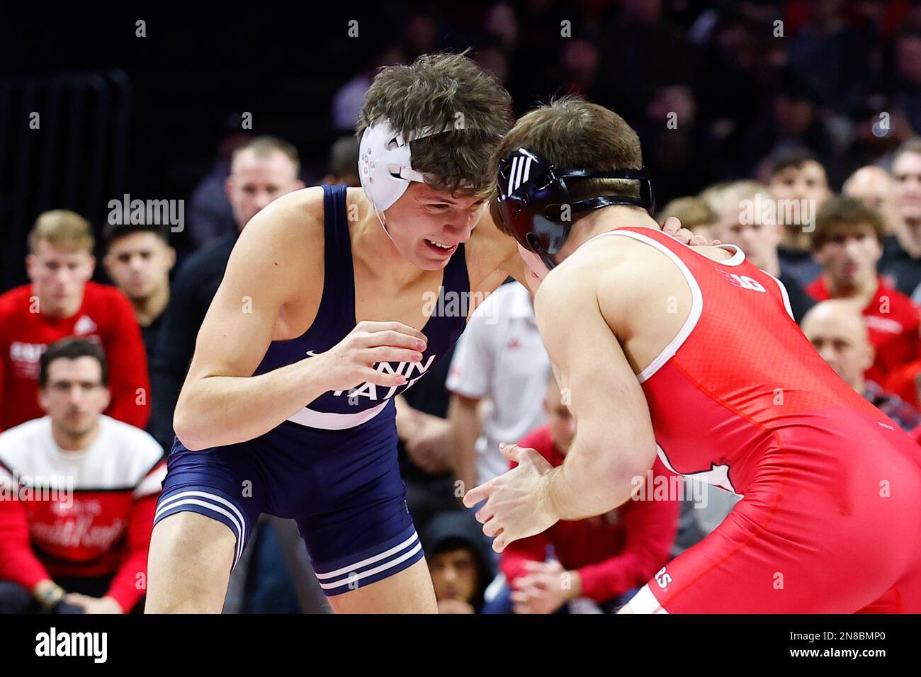 PISCATAWAY, NJ - FEBRUARY 10: #8 Levi Haines of the Penn State Nittany  Lions at 157 lbs. wrestles #33 Andrew Clark of the Rutgers Scarlet Knioghts  at 157 lbs. #8 Levi Haines