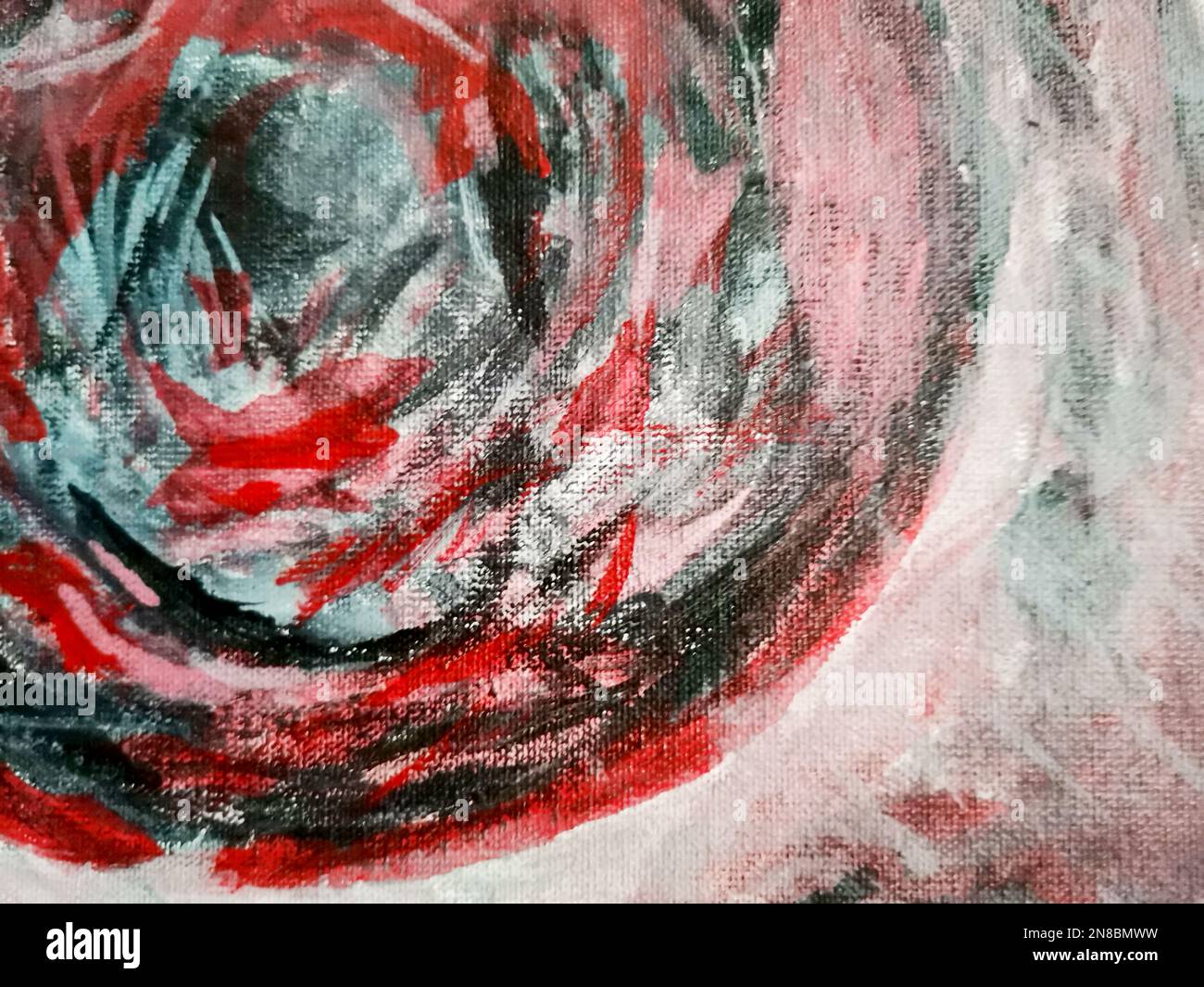 Abstract acrylic painting canvas detail with red and black whirl shape