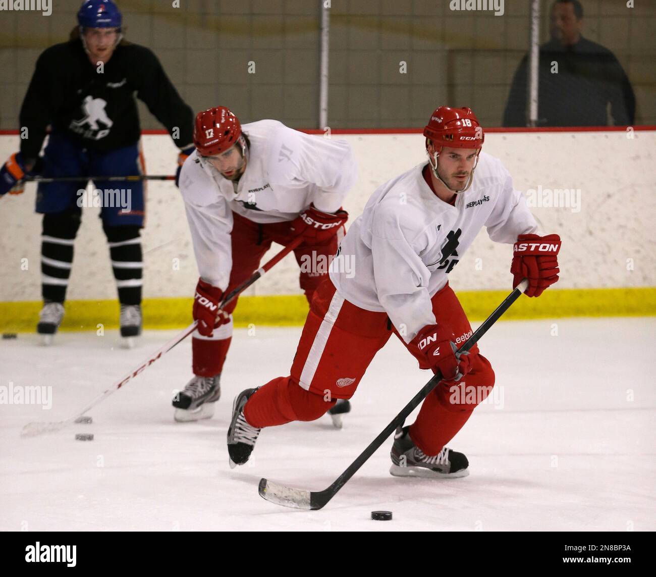 Detroit Red Wings defenseman Ian White skates during drills at the Troy ...
